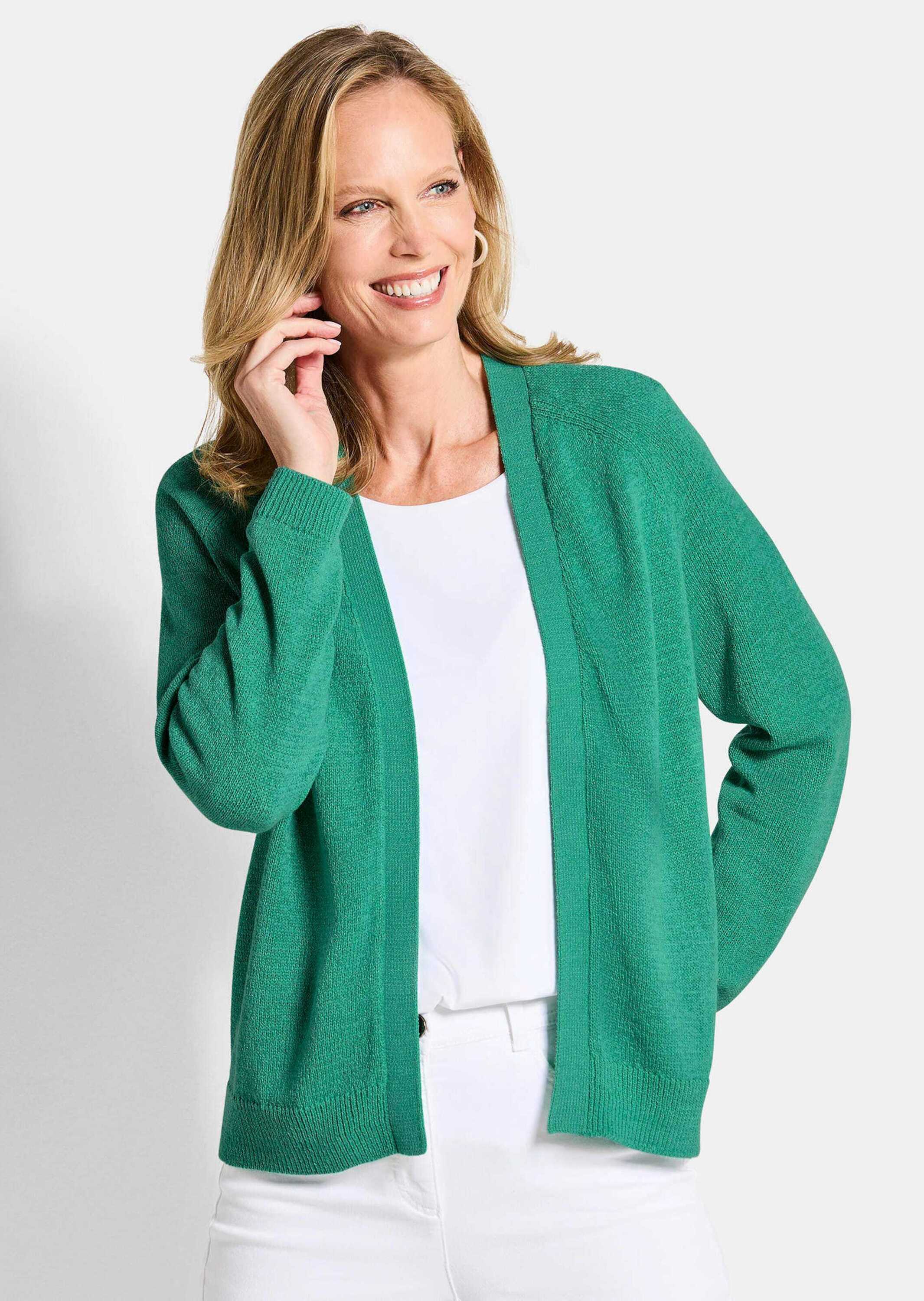 Thumbnail - GOLDNER Strickjacke "Kurzgröße Strickjacke mit Strickbandblende" aus Bändchengarn gestrickt