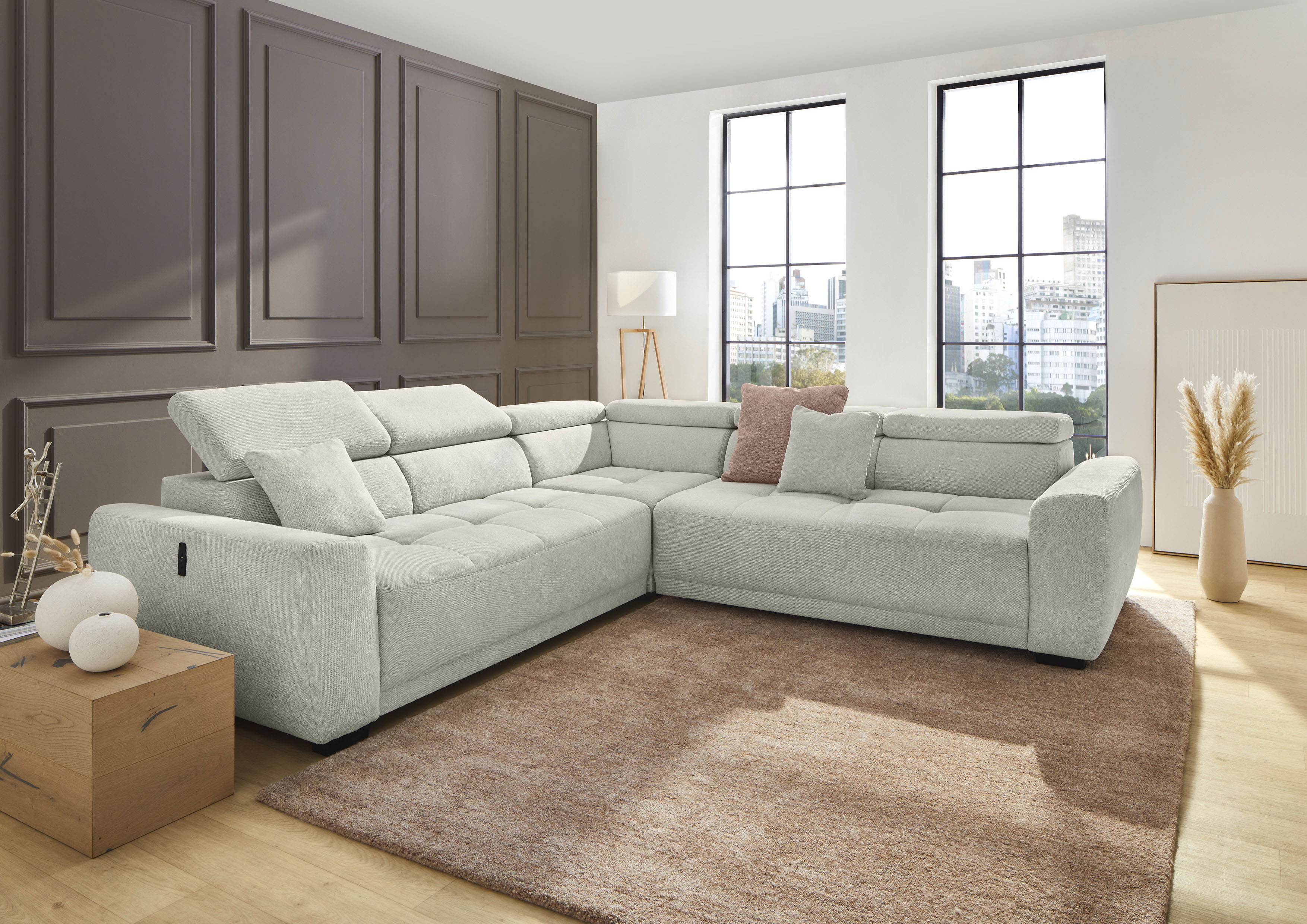 Jockenhöfer Gruppe Wohnlandschaft "Monza L-Form, B: 292x292 cm, mit 30 cm elektr. Sitztiefenverstellung" 140kg Belastbarkeit je Sitz, Kopfteilverstellung & USB-Anschluss