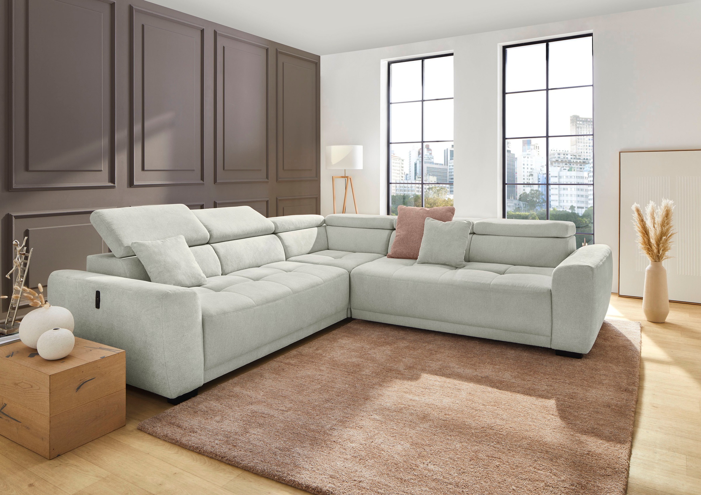 Wohnlandschaft, B:292cm T:113cmhellgrau 430, 29, JOCKENHÖFER GRUPPE, Korpus: 100% Polyester;Kissen: 100% Polyester, Sofas, "Monza, L-Form, B: