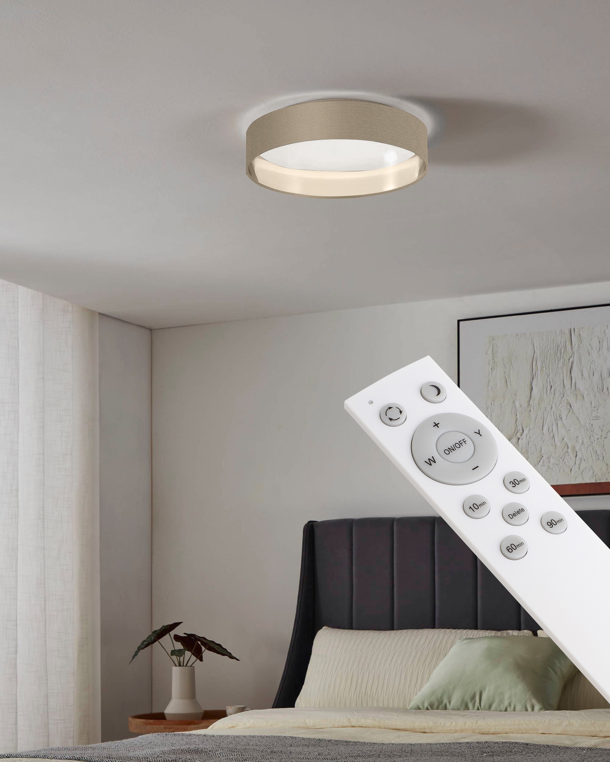 Leonique LED Deckenleuchte »Juria«, 1 flammig, Leuchtmittel LED-Modul | LED fest integriert, Deckenlampe Ø38 x H9 cm mit Textil-/Stoffschirm, CCT, Fernbedienung