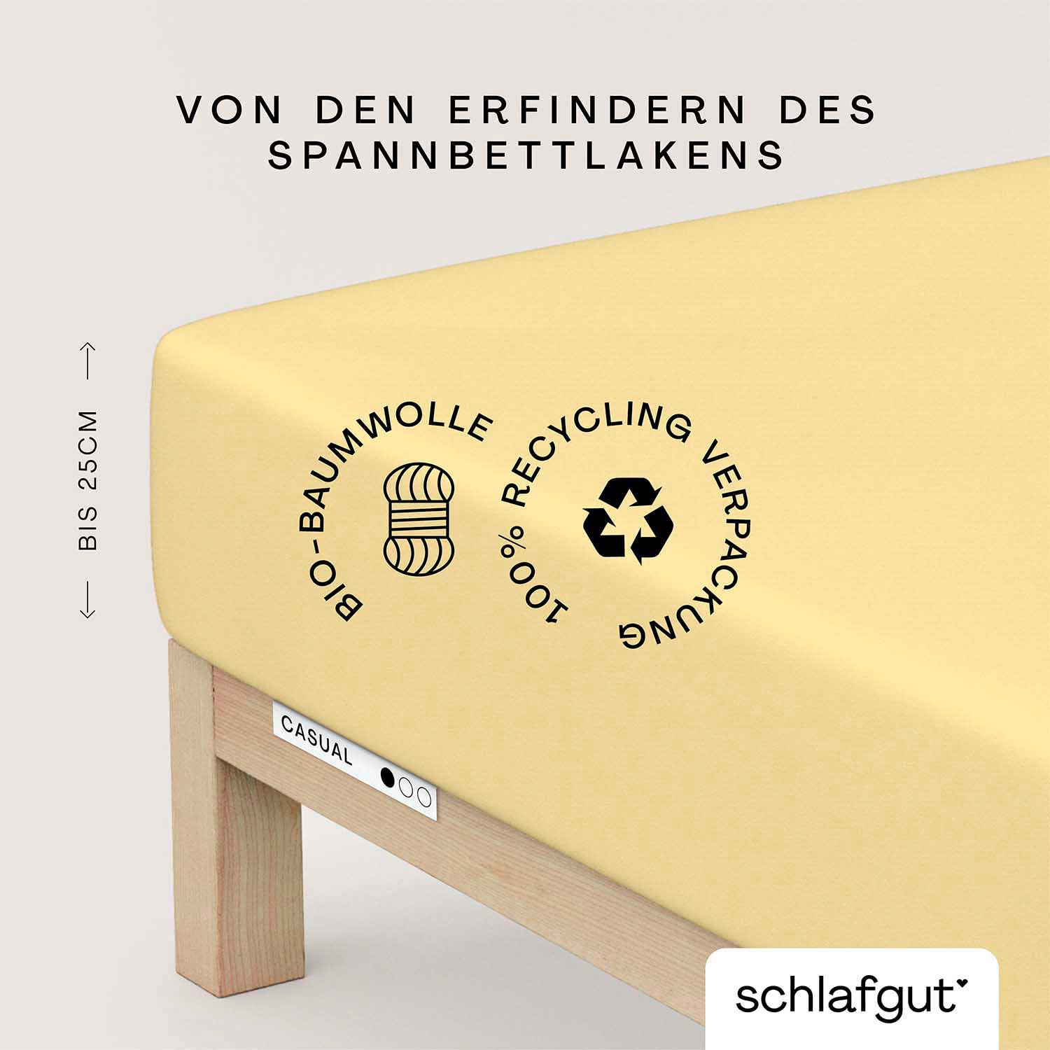Spannbettlaken SCHLAFGUT, L:200cm, gelb, Jersey, Obermaterial: 100% Baumwolle, Bettlaken, "CASUAL Bettlaken 100% gekämmte Bio-Baumwolle, 150 g/m²,