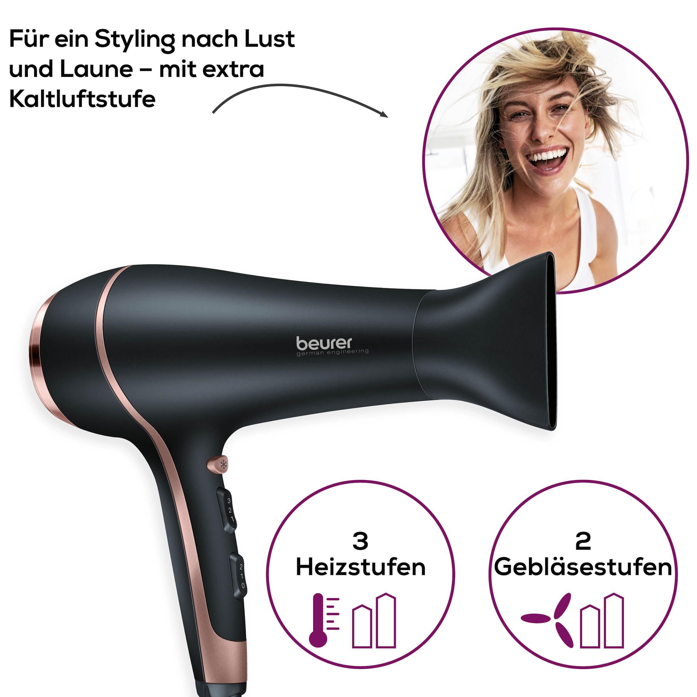 BEURER Haartrockner »HC 30 hochwertig verchromter Föhn mit extra starker Leistung«, 2200 W, 1 Aufsätze, Fixierung des Stylings dank Kaltluftstufe