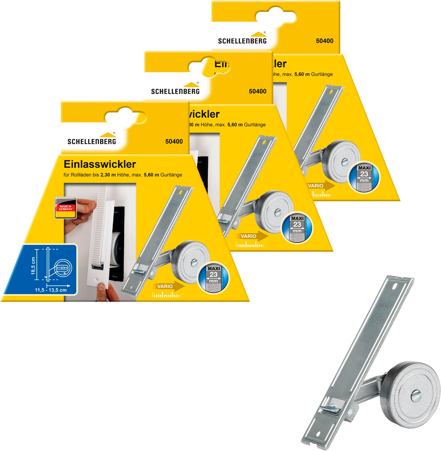 SCHELLENBERG Einlass-Gurtwickler "für das Rollladensystem Maxi, Lochabstand 18,5 cm, Unterputz-Montage", 3 Stk., silber, Gurtwickler, für