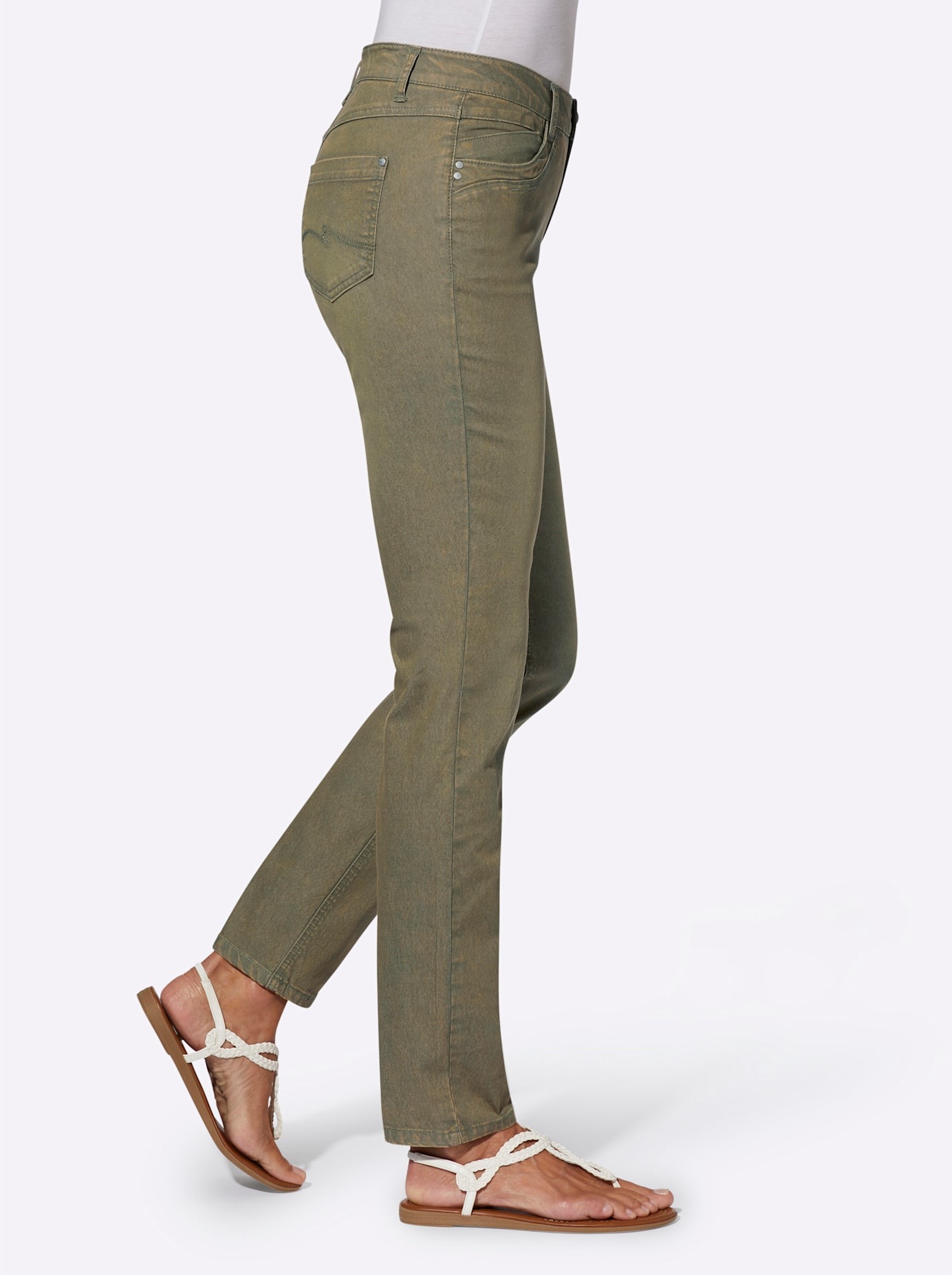 5-Pocket-Jeans CASUAL LOOKS, Damen, Gr. 24, Kurzgrößen, grün (khaki), 72% Baumwolle, 25% Polyester, 3% Elasthan, unifarben, lang, Jeans 5-Pocket-Jeans 3