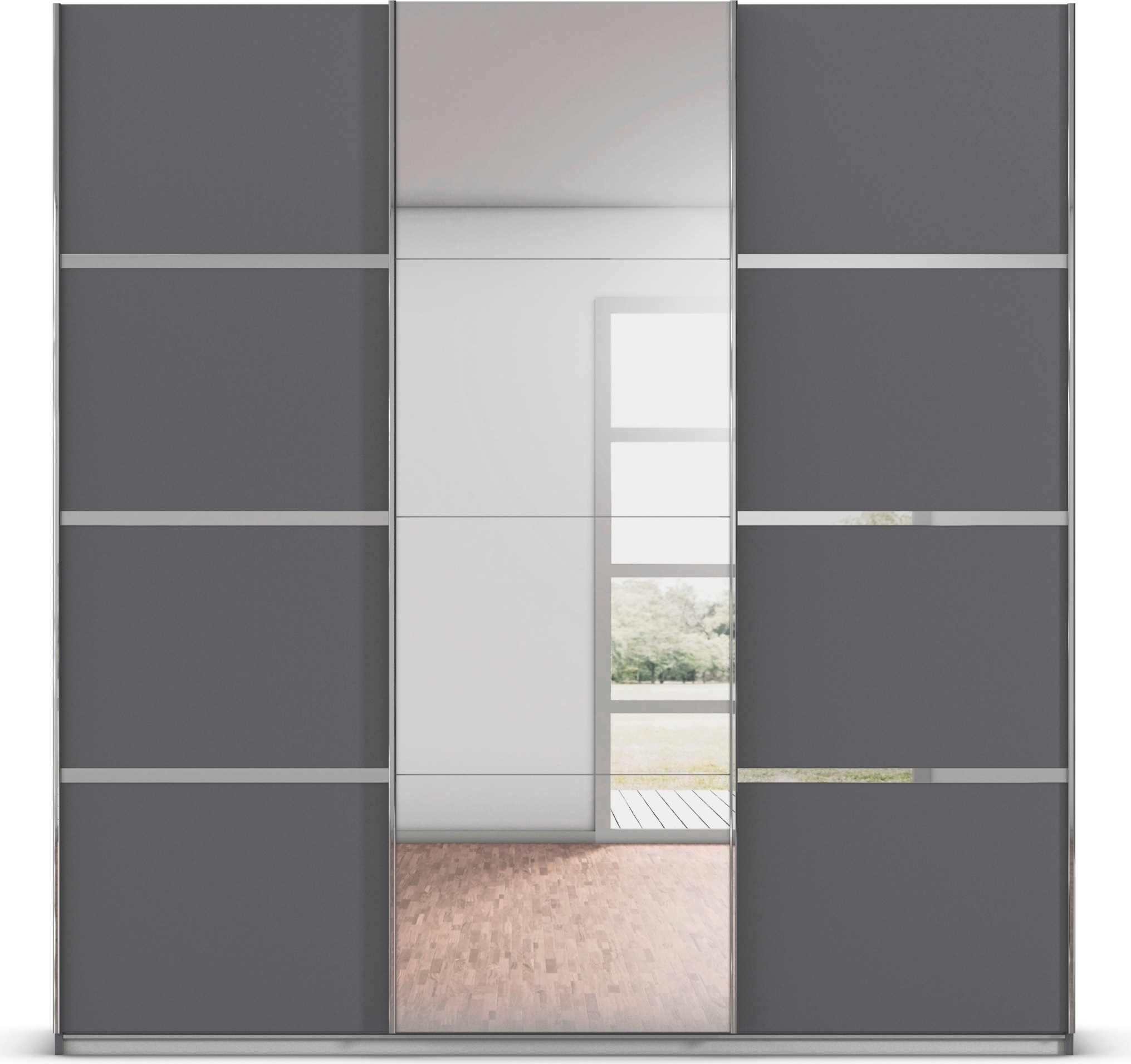 rauch Kleiderschrank »Schwebetürenschrank OTTO´s Choice Garderobe Schrank TOP ANGEBOT Avola«, (in 3 verschiedenen Ausstattungen BASIC/CLASSIC/PREMIUM inkl. Spiegel), mit eleganten Zierleisten in Chrom, Schwarz oder Weiß MADE IN GERMANY
