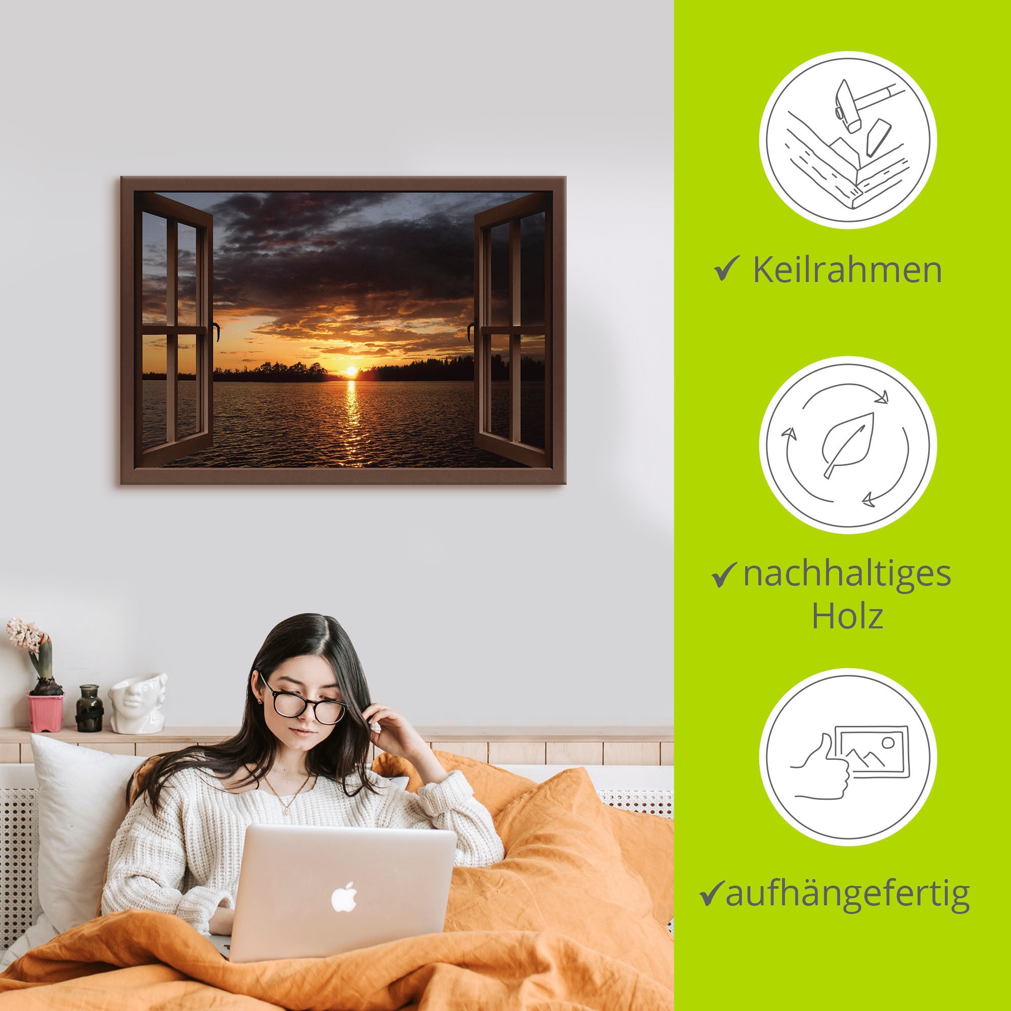 Artland Leinwandbild »Sonnenuntergang am See, braunes Fenster«, Seebilder, (1 St.), auf Keilrahmen gespannt