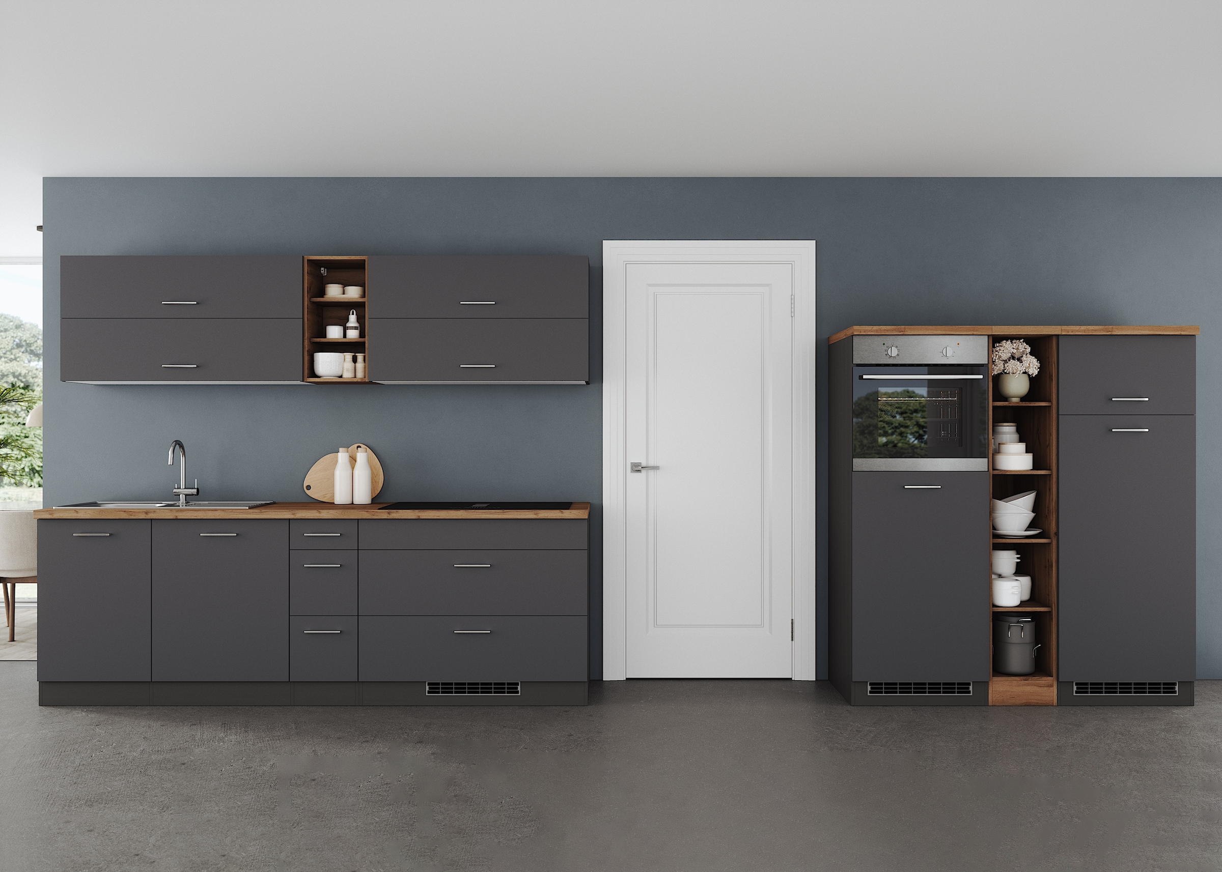 KOCHSTATION Küchenzeile »KS-Milan, optional mit Muldenlüfter« Breite 390 cm, wahlweise mit E-Geräten, Kochfeld mit Dunstabzug