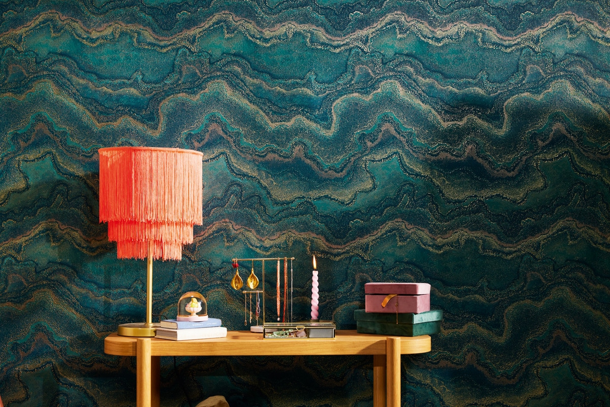 living walls Vliestapete "Stories of Life Steintapete Malachit Dunkelgrün Gold" abstrakt glänzend organisch geprägt Metallic Tapete für Wohnzimmer immer Tapeten Wohnzimmer Schlafz modern