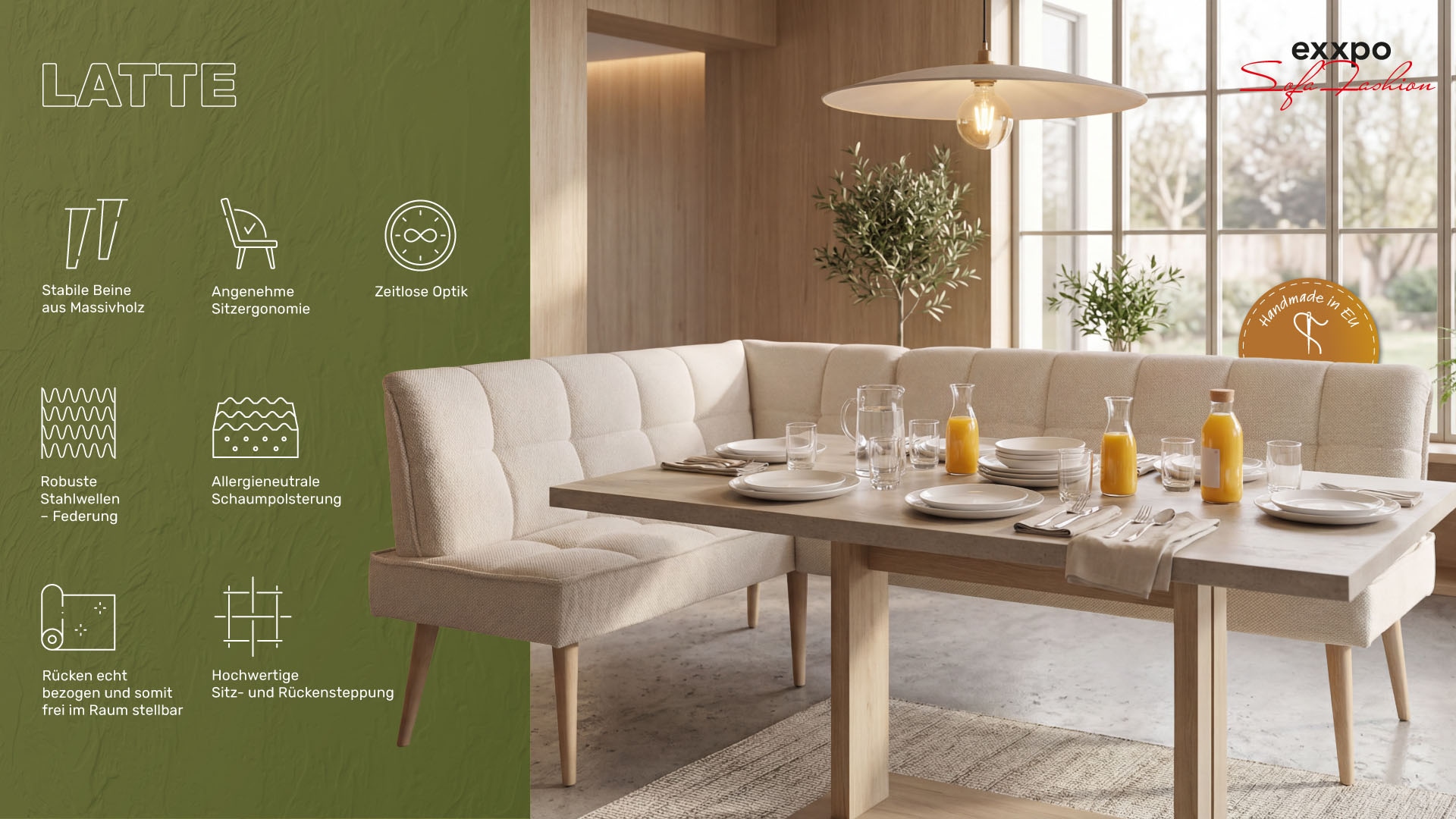 exxpo - sofa fashion Eckbank »Latte« moderne Sitz- und Rückensteppung, bequem und elegant, hoher Holzfuß