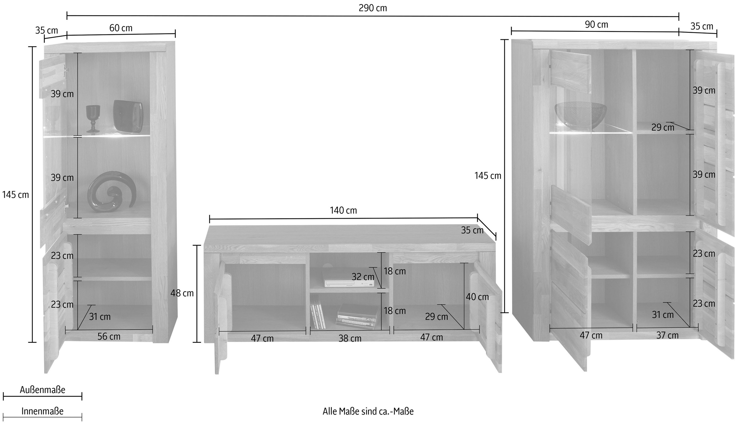 Home affaire Wohnwand »Burani«, (Set, 3 St.), teilmassives Holz