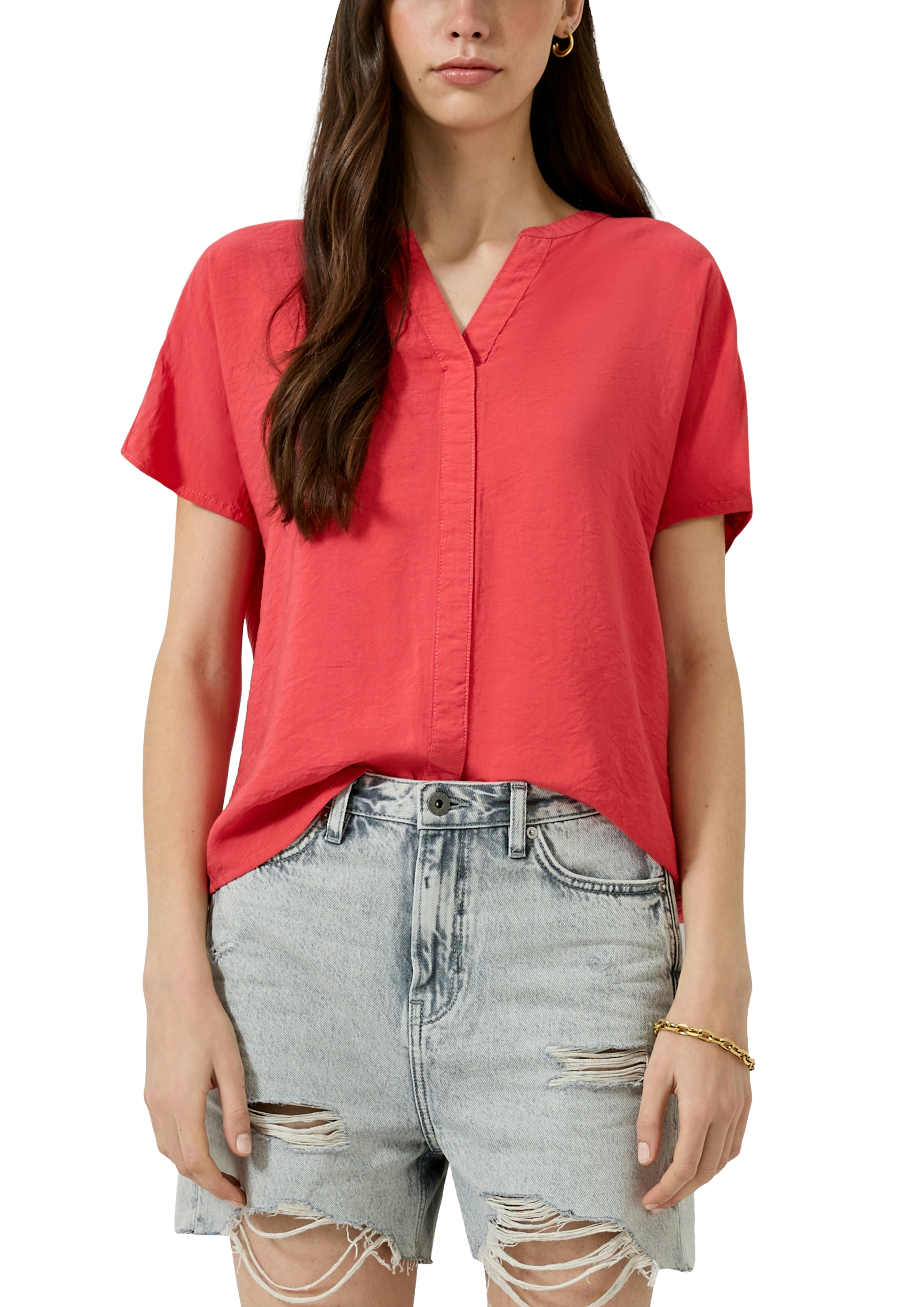 QS Kurzarmbluse Sommerbluse mit Split Neck
