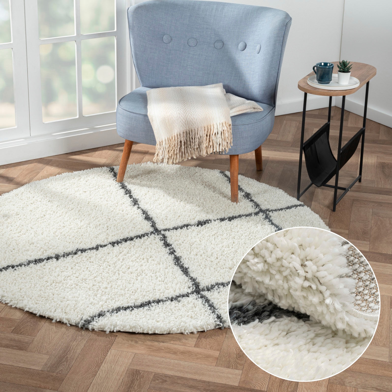 Myflair Möbel & Accessoires Hochflor-Teppich "My Shaggy Raute" rund 37 mm Höhe Shaggy, Scandi Rauten Design, leicht glänzend, extra flauschig