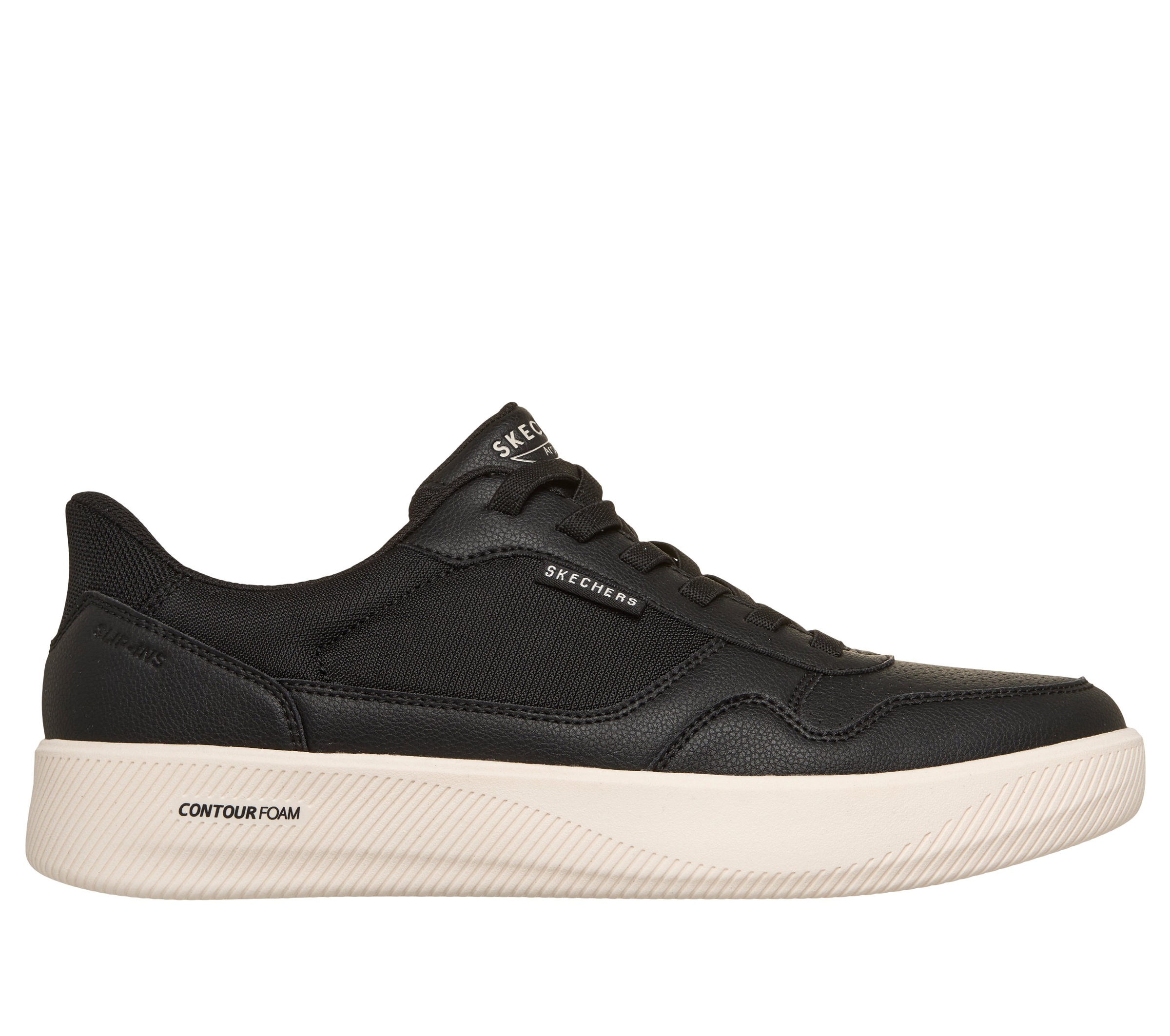 Slip-On Sneaker SKECHERS "ARCH FIT COURT BREAK", Herren, Gr. 39, schwarz, Lederimitat, Schuhe, Schnürschuh, Freizeitschuh mit Handsfree Slip-Ins Technologie 3