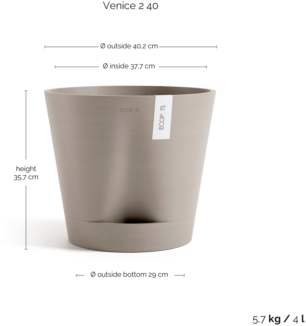 ECOPOTS Blumentopf »Venice 2 40 Taupe«, für den Innenbereich