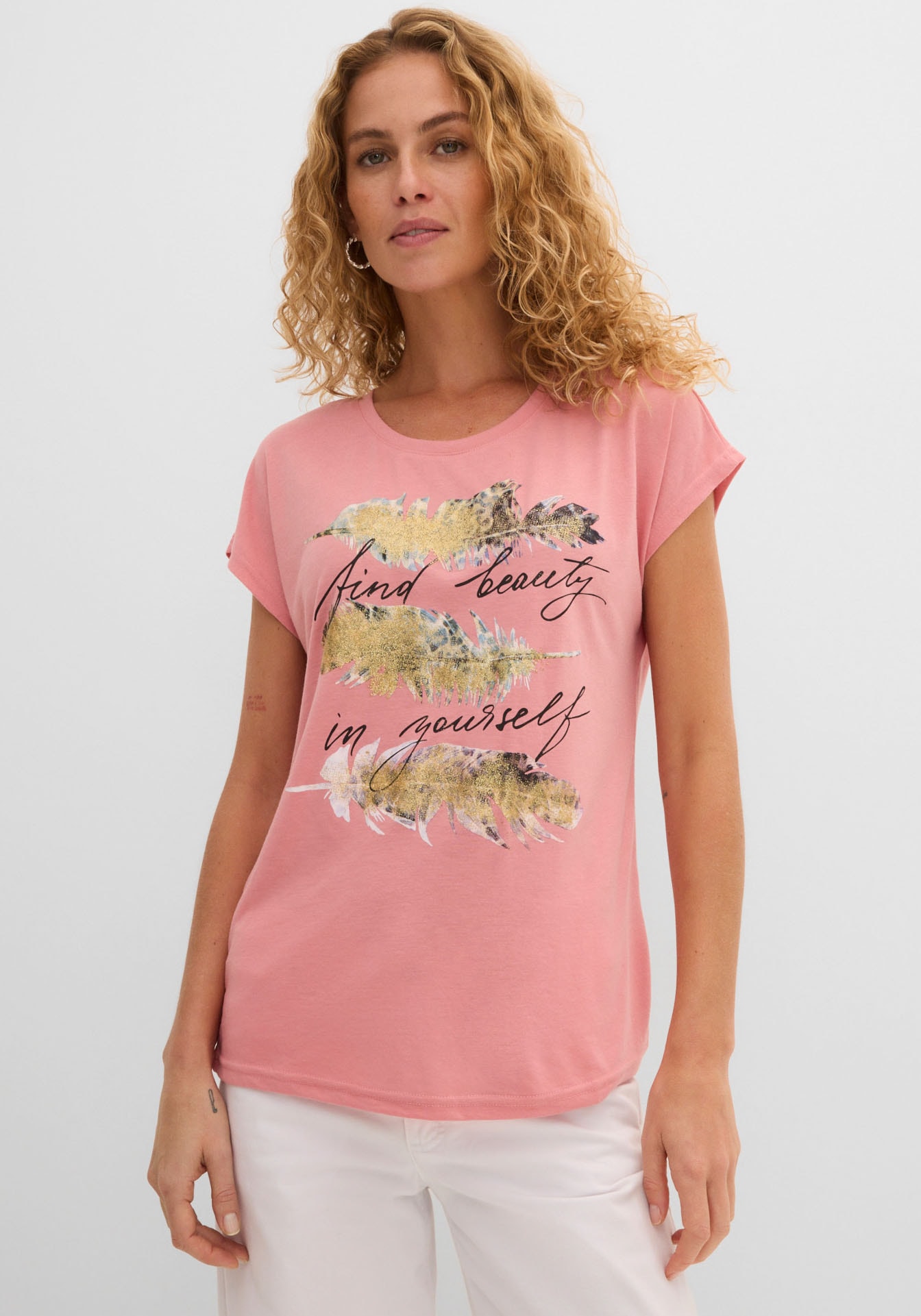 bonprix T-Shirt "T-Shirt mit Glitzerdruck" schmale Passform, Kurzarm, mit Glitzerdruck
