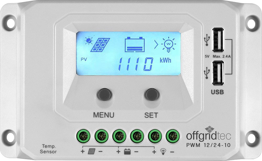 offgridtec Solarladeregler »PWM Pro Laderegler 12V/24V - 10A USB-Port«, mit Verpolungsschutz, Integrierter Geräte-und Batterieschutz