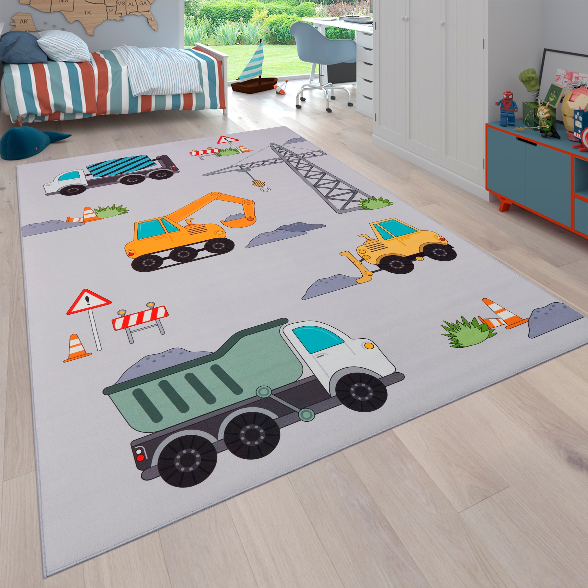 Paco Home Kinderteppich "Bino 579", rechteckig, Spielteppich, Motiv Autos & Baustelle, Kinderzimmer