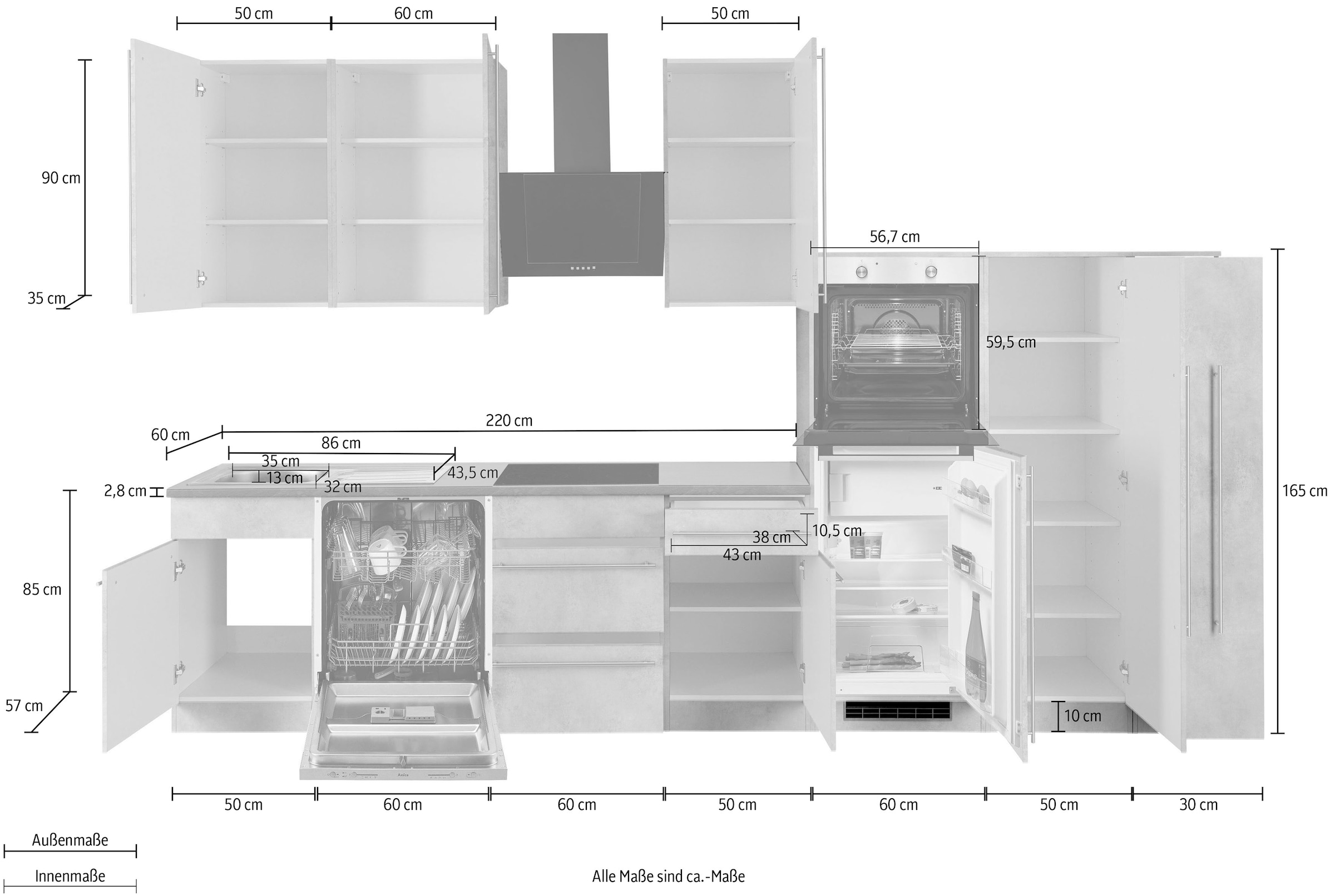 wiho Küchen Küchenzeile »Chicago«, ohne E-Geräte, Breite 360 cm