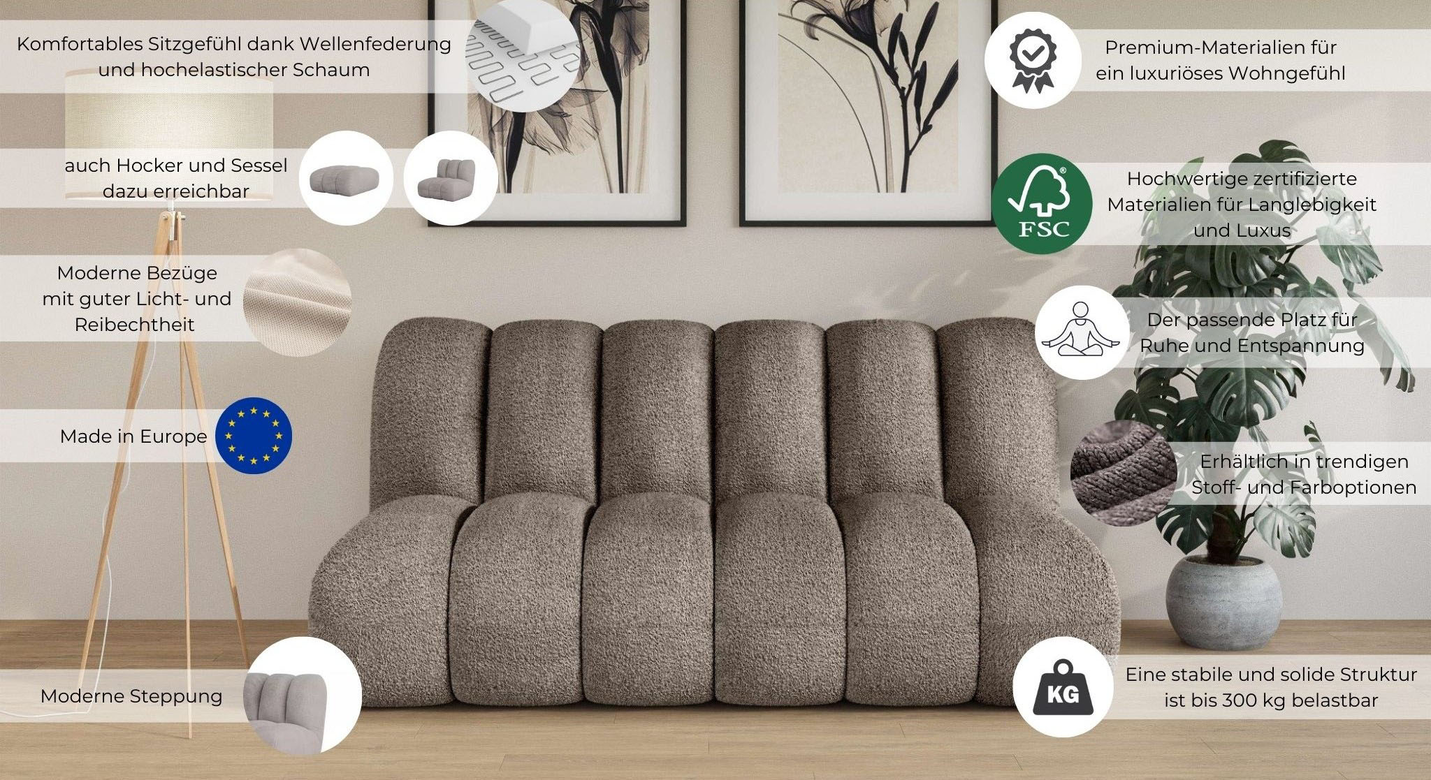 Thumbnail - LeGer Home by Lena Gercke 2,5-Sitzer "Priya Designersofa, moderne Steppung, auch in Bouclé", gemütlich und modern, B/T/H...