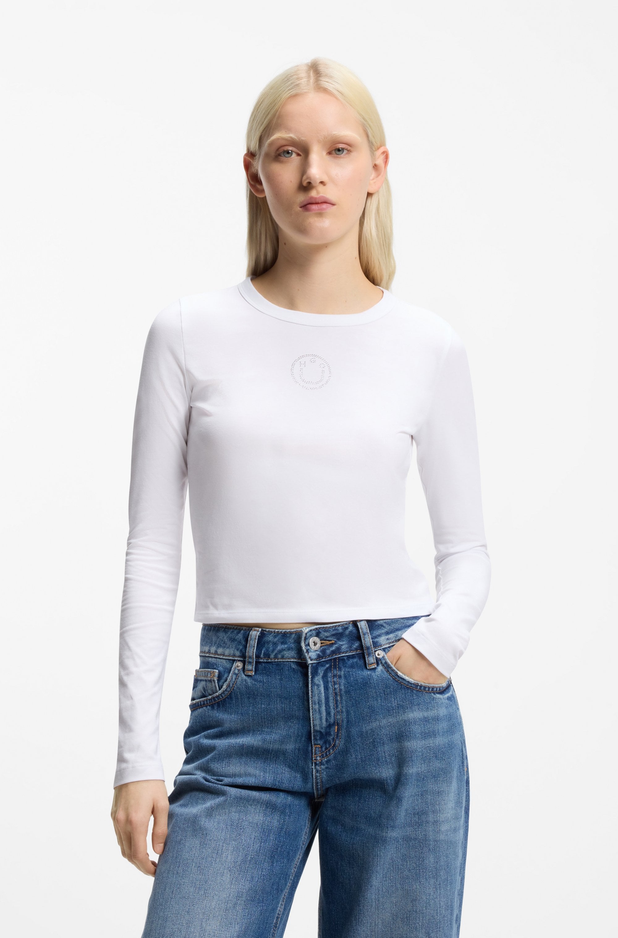 HUGO Langarmshirt "Daliriee" cropped, Rundhals, mit Strassbesatz
