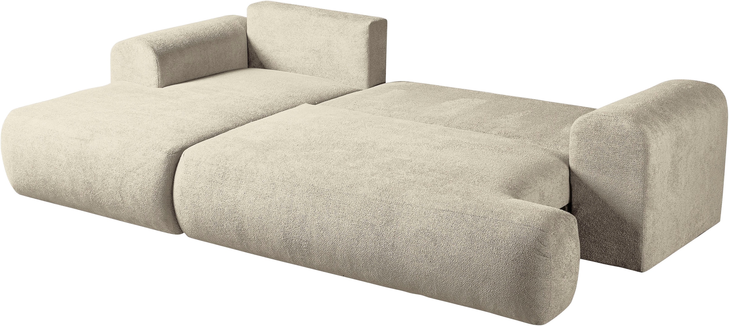 WERK2 Ecksofa »Ewela 265 cm breit organisches Design & Komfort, mit Bett & Bettkasten« Bouclé, L-Form, Schlaffunktion, Bettkasten