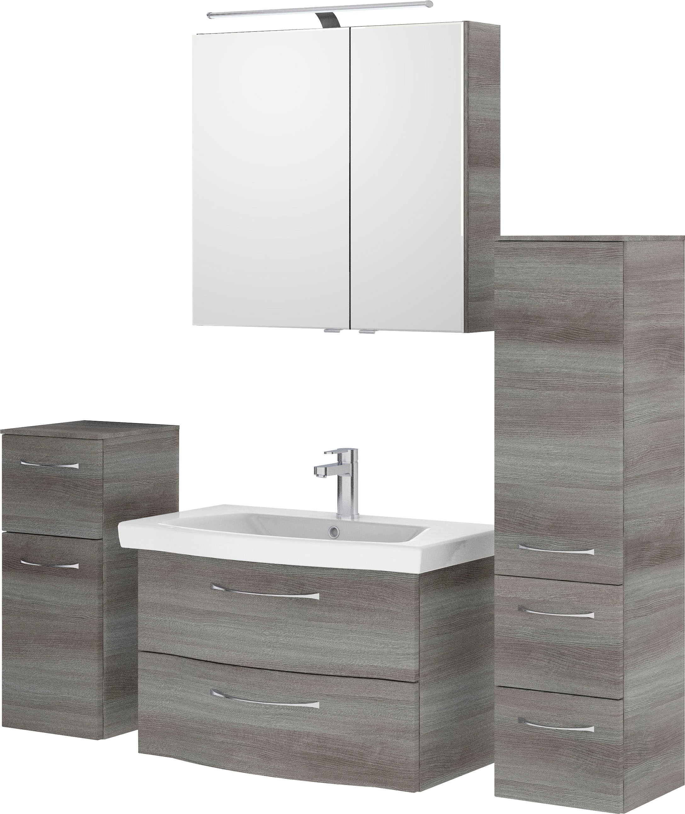 Saphir Badmöbel-Set »6005 Sprint 4-teilig, Keramik-Waschtisch mit LED-Spiegelschrank«, (5 St.), Unterschrank, Midischrank, inkl. Türdämpfer, 4 Türen, 5 Schubladen