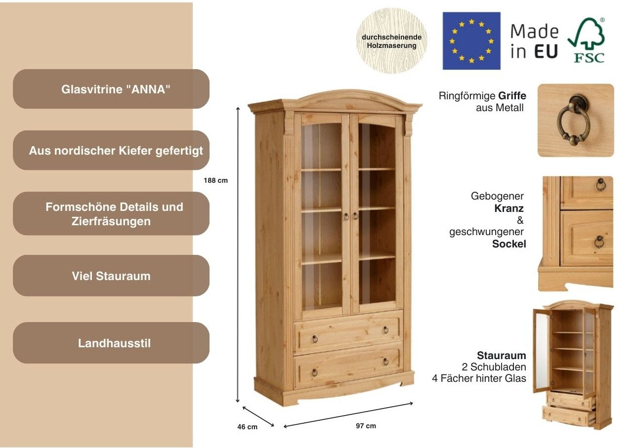 Home affaire Glasvitrine »Anna«, (Gesamtmaße (B/T/H): ca. 97/46/188 cm), mit Glastüren, 2 Schubladen, Höhe 188 cm, aus massiver Kiefer, FSC®