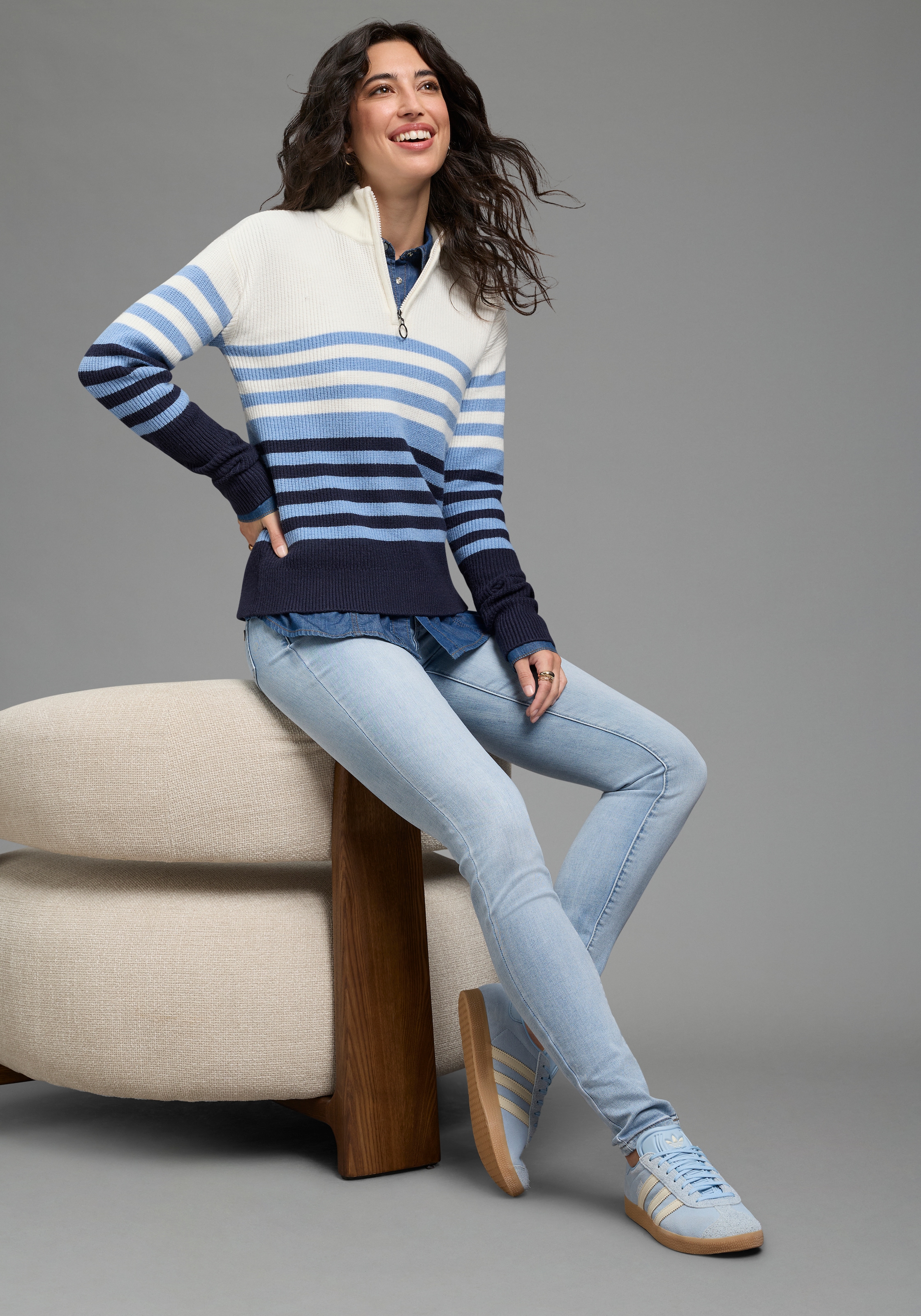 Laura Scott Strickpullover »im maritimen Streifenlook mit Troyerkragen« mit hüftlanger Passform