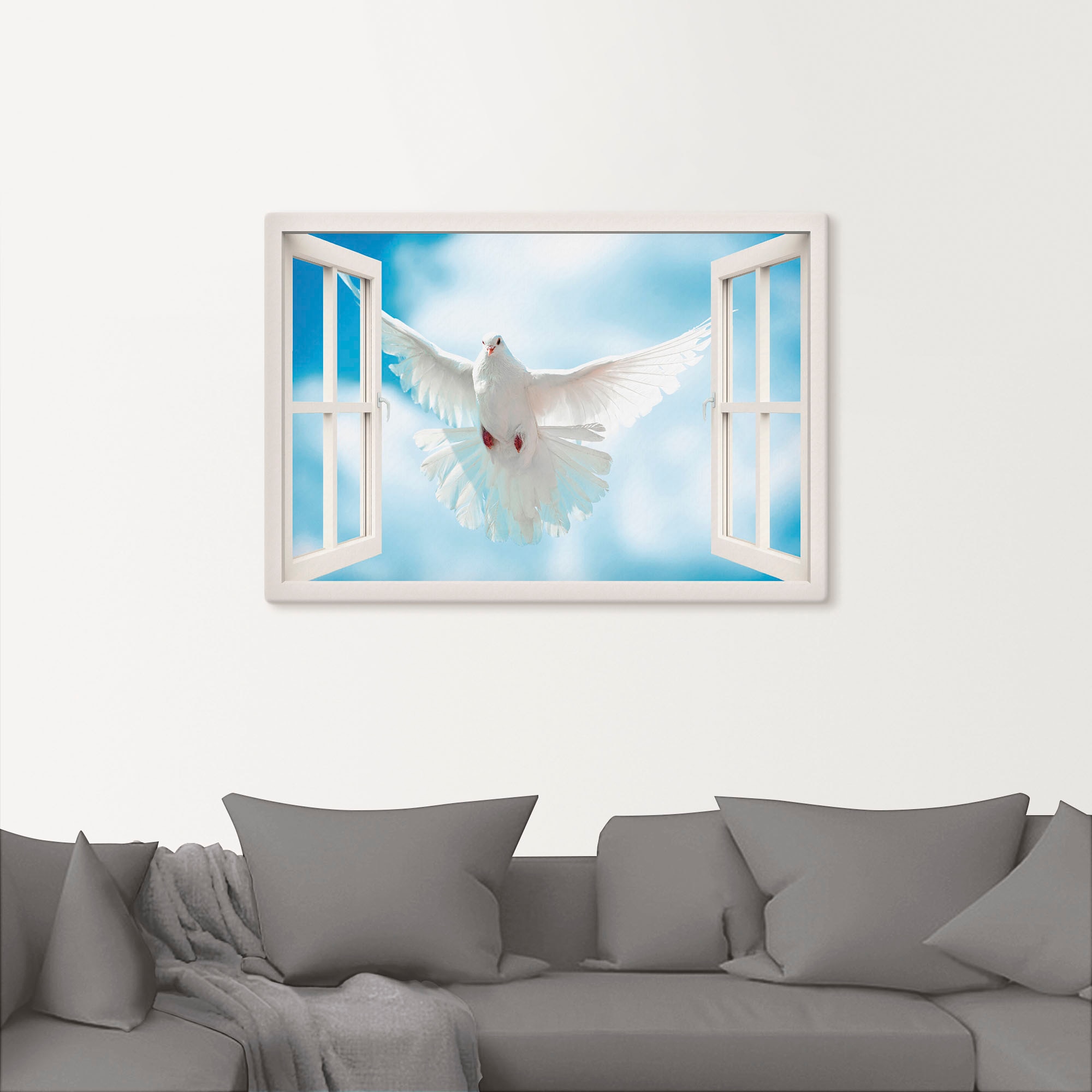 Artland Wandbild »Fensterblick Taube vor der Sonne«, Vögel, (1 St.), als Leinwandbild, Wandaufkleber in verschied. Größen