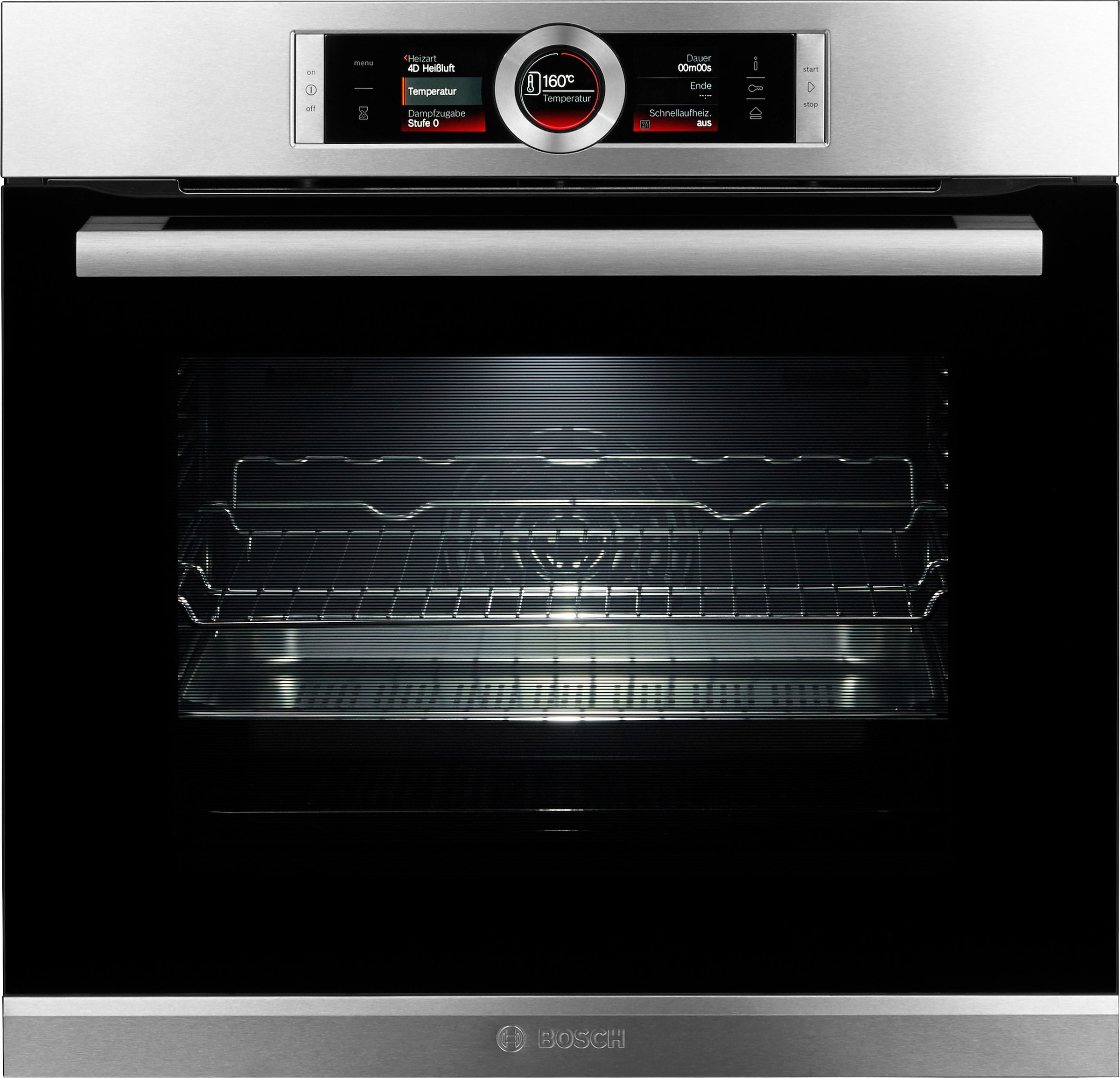 BOSCH Dampfbackofen »HSG636B«, Serie 8, mit Teleskopauszug nachrüstbar, ecoClean Direct, 4D-Heißluft-Eco-Ober-/Unterhitze Eco-Umluft-Infra-Grill-Großflächengrill-Kleinflächengrill-Pizzastufe-Sanftgaren-Vorwärmen-Warmhalten, mit Auftaufunktion
