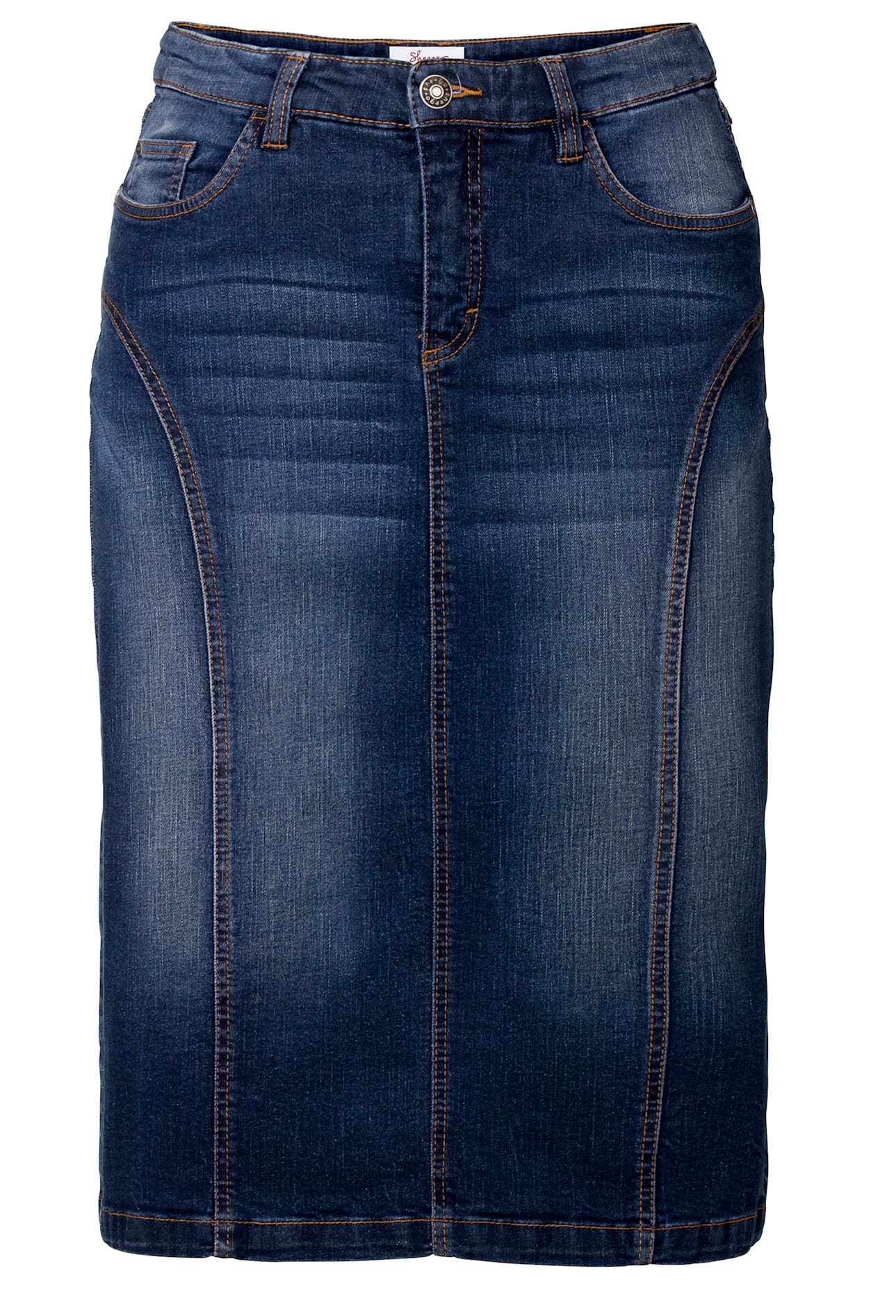 Jeansrock SHEEGO, Damen, Gr. 50, blau (dunkelblau denim), 98% Baumwolle, 2% Elasthan, unifarben, knielang, Röcke Jeansrock 2