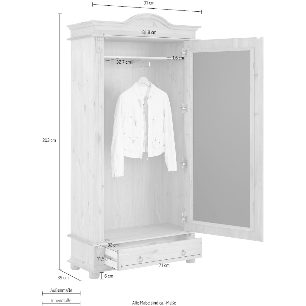 Home affaire Garderobenschrank »Florenz«, mit Spiegel, aus massiver Kiefer, dekorative Fräsungen