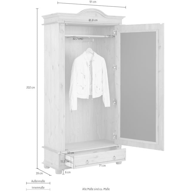 Home affaire Garderobenschrank »Florenz«, mit Spiegel, aus massiver Kiefer,  dekorative Fräsungen | BAUR