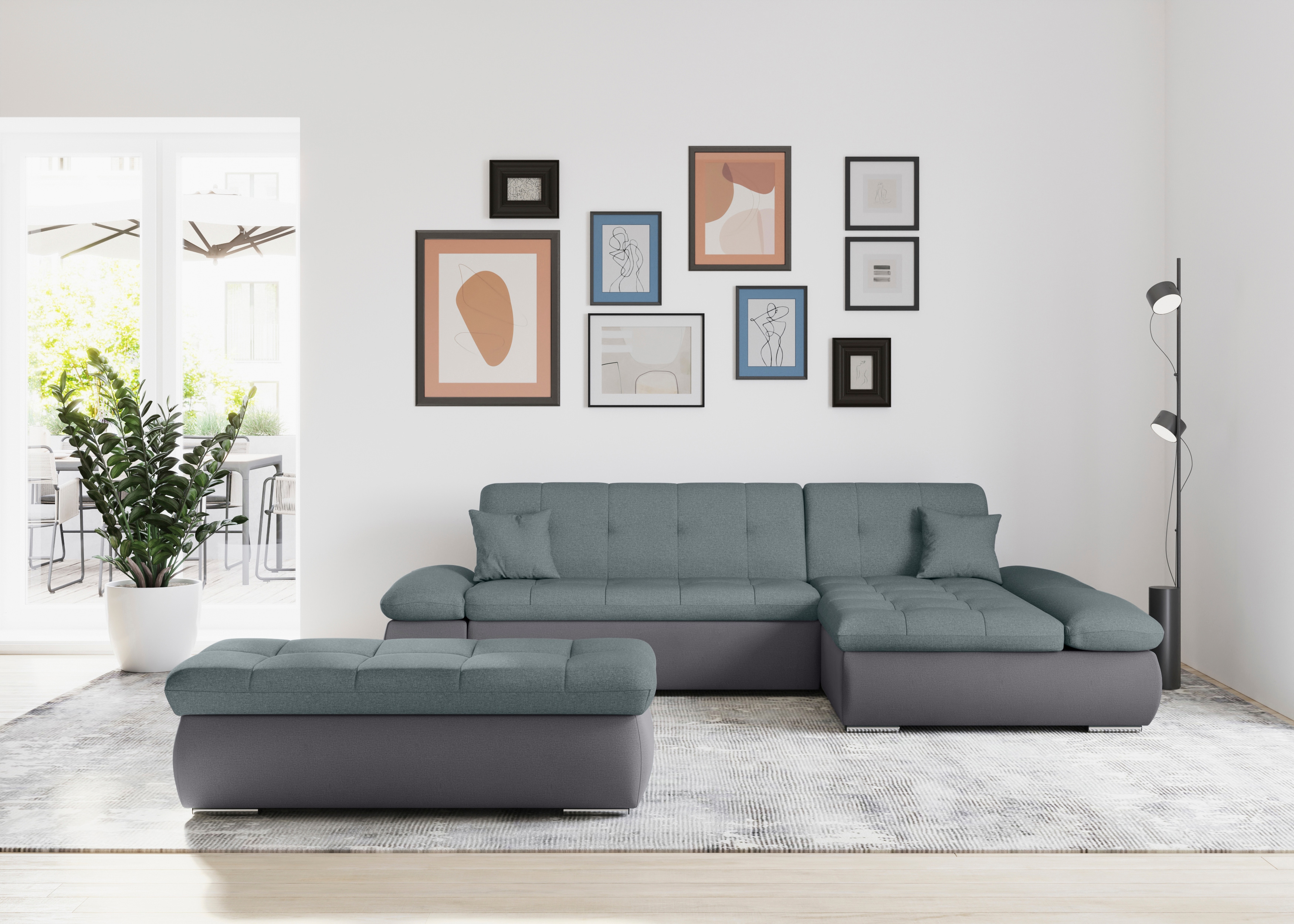 DOMO collection Ecksofa "MORIC 300x172 cm, XXL-Sofa mit viel Platz, L-Form, auch in Cord" wahlweise mit Bettfunktion und Armteilverstellung, grau-eisblau