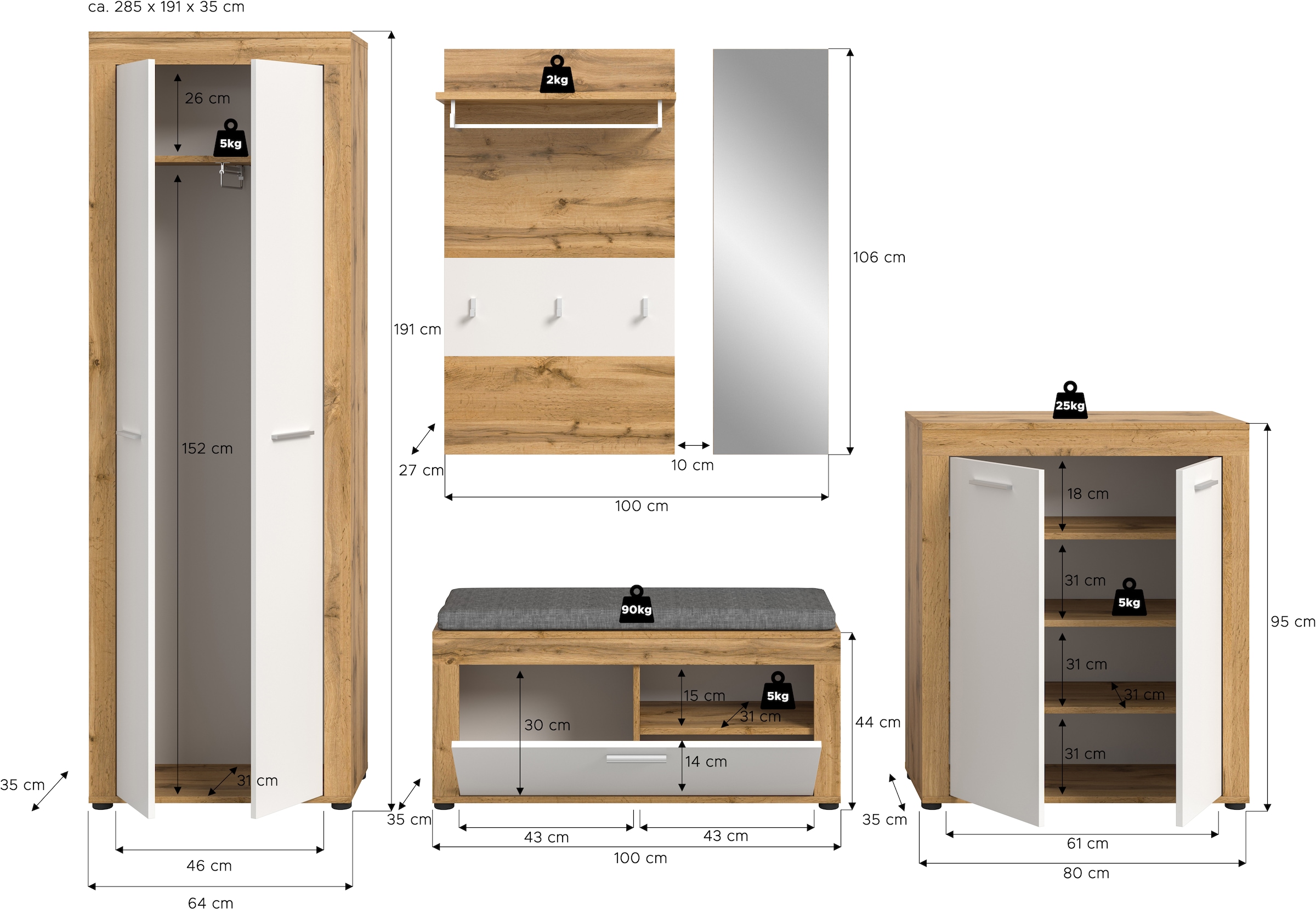 INOSIGN Garderoben-Set, (Set, 6 St.), Aosta, Höhe 191 cm, Garderobenset, Flur, Diele