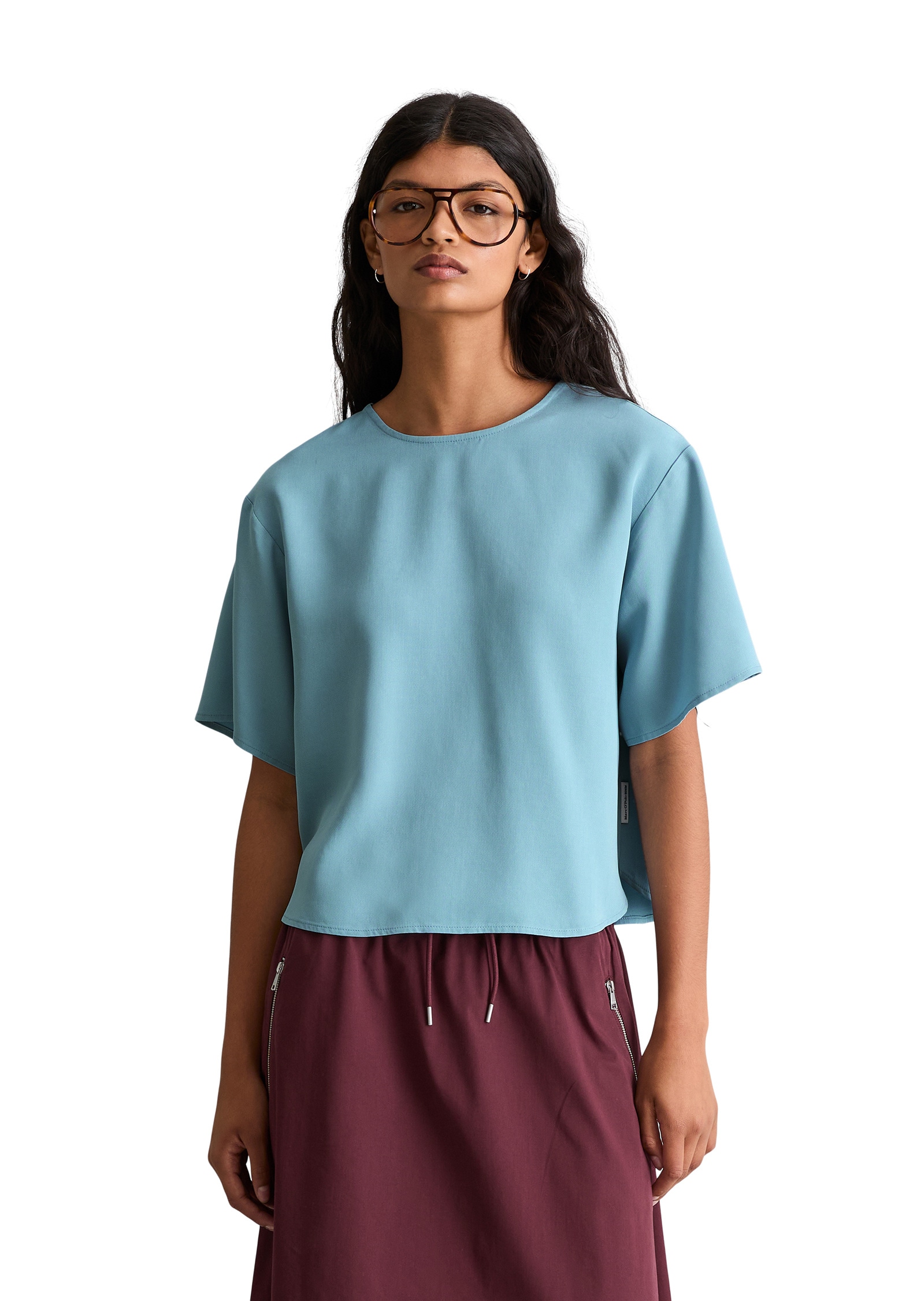 Kurzarmbluse MARC O'POLO DENIM "aus TENCEL™ Lyocell", Damen, Gr. L, blau dawn, Obermaterial: 100% Lyocell, unifarben, relaxed fit bauchfrei, Rückenausschnitt, normaler Saum, Blusen