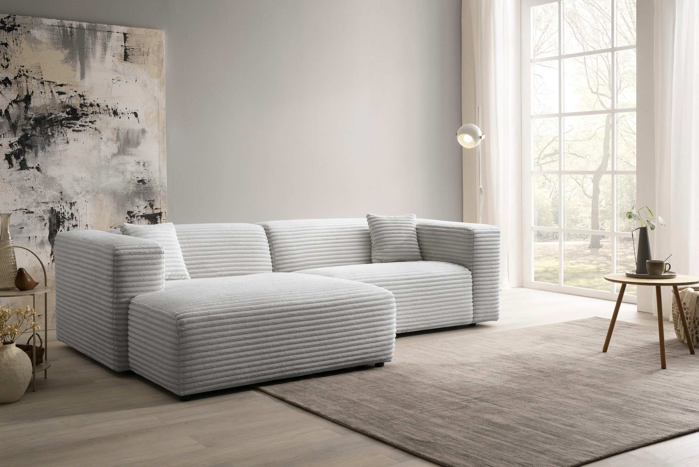 andas Ecksofa »BAKELS, L-Form in Cord oder Boucle-Stoff, moderne Couch«, wahlweise Recamiere rechts/links, bequemer Sitzkomfort