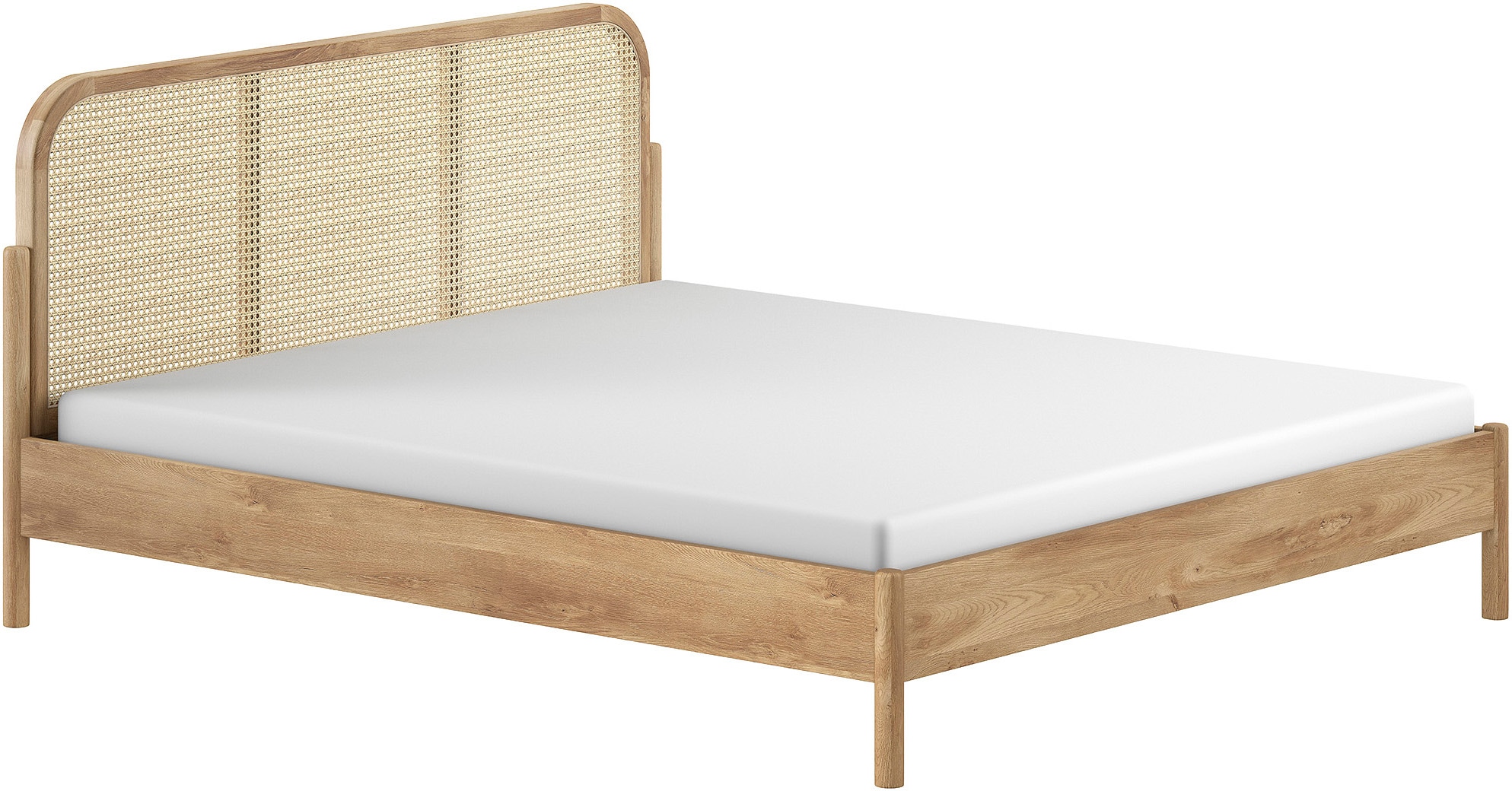 Vipack Bettgestell "Olive, Bettpfosten Eiche massiv und furnierten Bettseiten" mit hochwertigem Rattan-Geflecht Kopfteil, Rahmen Eiche massiv, ohne Lattenrost, mit höhenverstellbarem Rahmenbeschlag, zwei Breiten