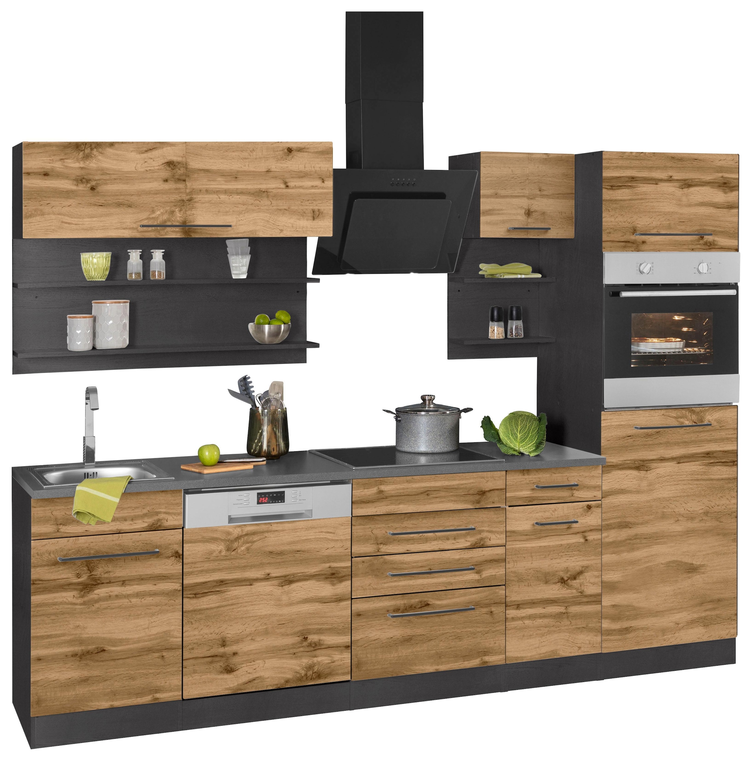 KOCHSTATION Küchenzeile »KS-Tulsa«, mit E-Geräten, Breite 270 cm, schwarze Metallgriffe, MDF Fronten