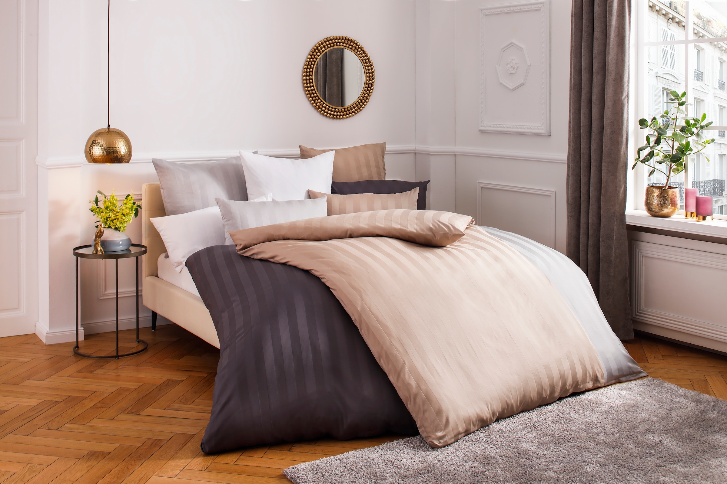 OTTO home Bettwäsche "MALIA mit eingewebten Streifen, uni" 2 Bettwäsche aus 100% Baumwolle, Bettwäsche in Mako-Satin-Qualität