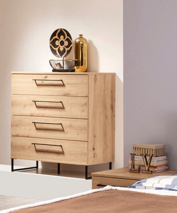 Home affaire Kommode "Sardinia, Sideboard mit 4 Schubkästen, B/T/H: 91x92,5x42cm" mit 4 Schubladen, mit trendigen schwarzen Griffen und Metallfüße