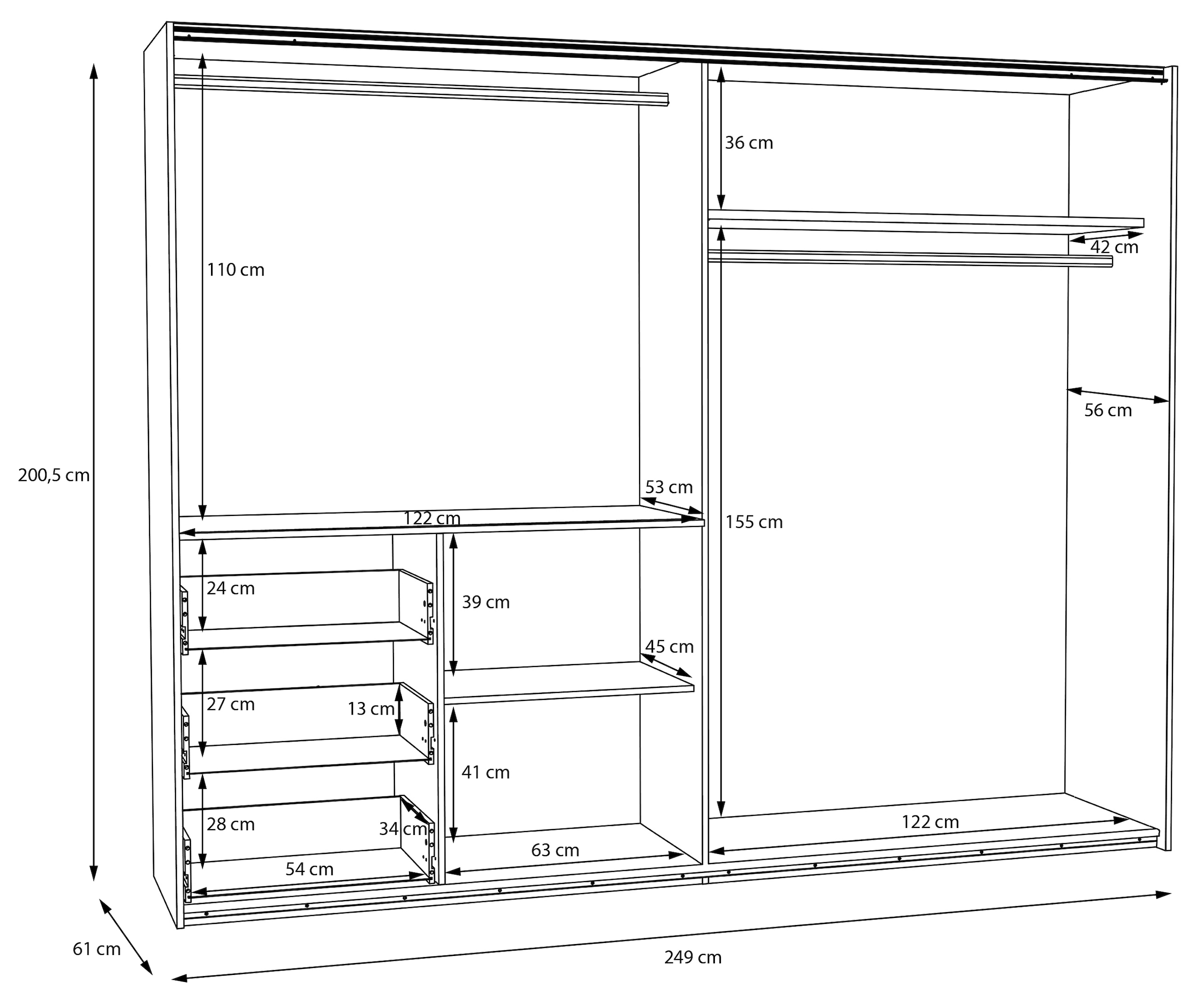 FORTE Schwebetürenschrank, Schwebetürenschrank, Stauraum, Schubkästen, erhältlich in 2 Dekoren