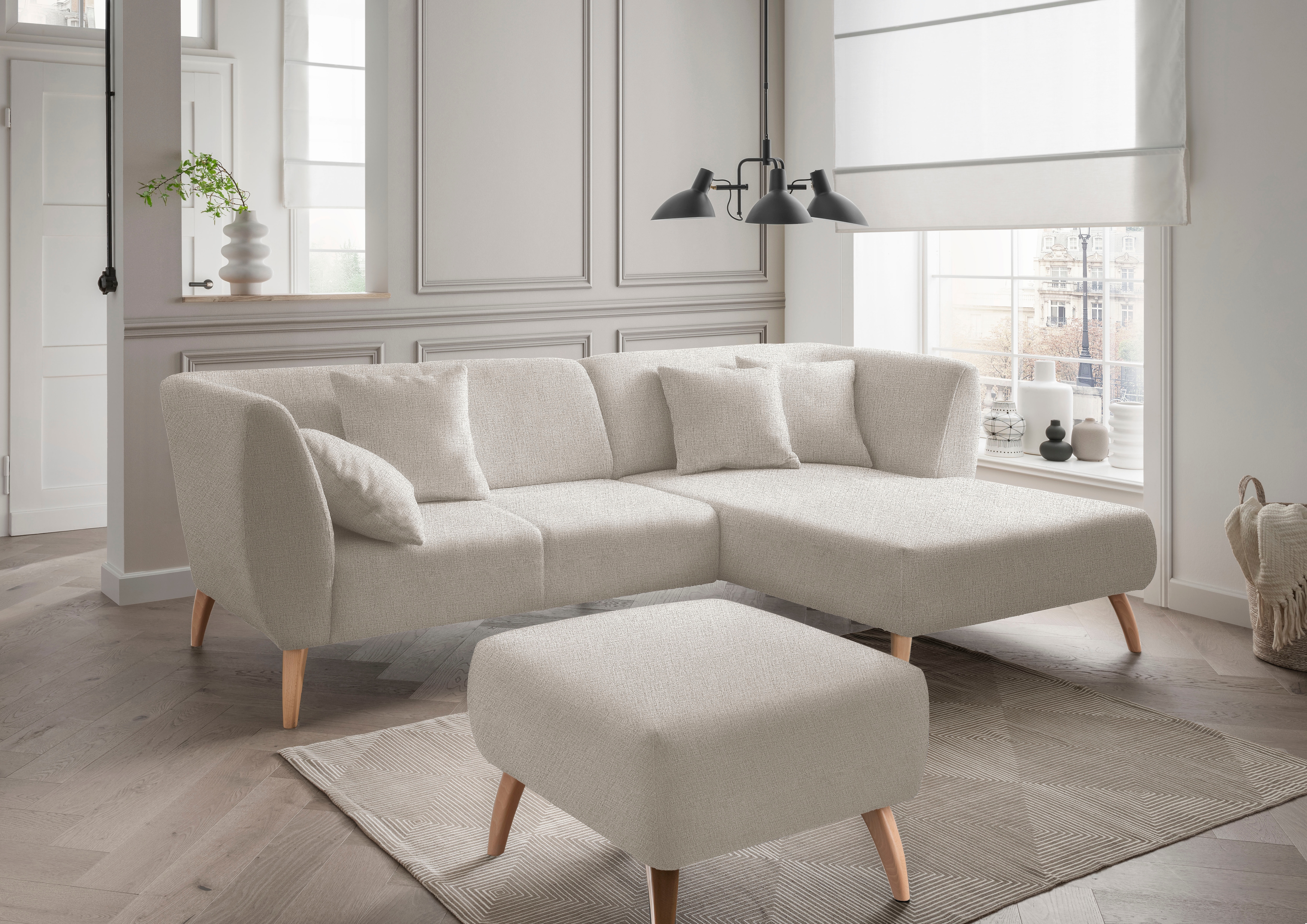 Home affaire Ecksofa "Lazio modern und bequem, schmale Armlehnen, tolle Detailverarbeitung" Holzfußfarbe wählbar, inkl. 4x Zierkissen