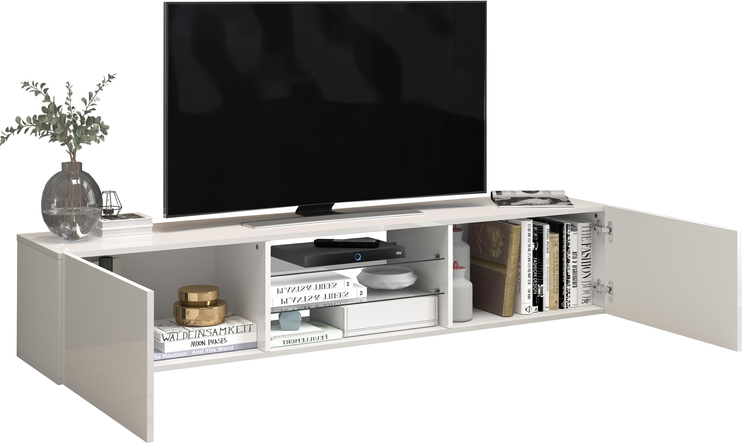INOSIGN Lowboard »Egypt,Lowboard,TV-Kommode,TV-Möbel,TV-Bank«, mit 2 Klappen, 2 Glasböden,kompl. Hochgl. lackiert (B/T/H)180x38x35 cm