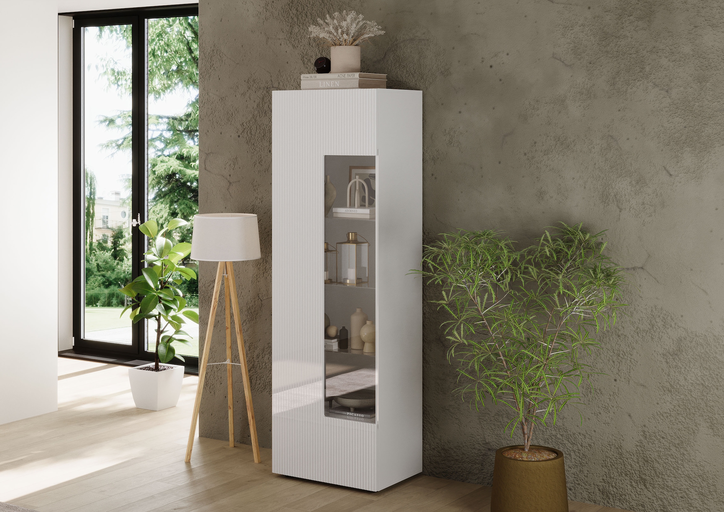 INOSIGN Vitrine »RIO, Höhe 187 cm, Hochschrank mit 1 Tür, Anrichte, Standvitrine«, geriffelte Front, modern u. elegant, viel Stauraum