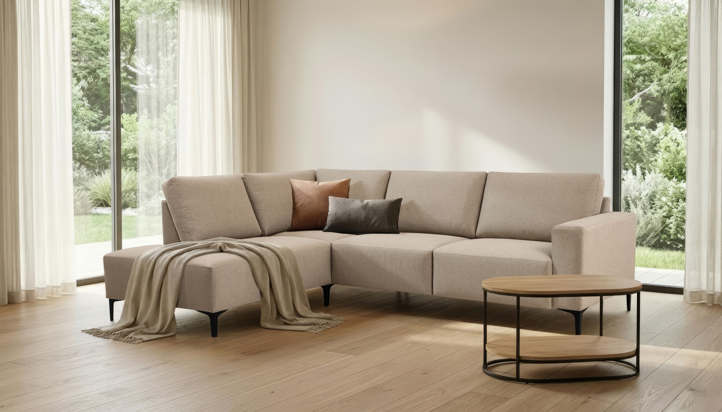 Ecksofa HOME AFFAIRE "Tournon, L-Form, Breite 256 cm, Webstoff, Chenille", braun (cappuccino), B:256cm H:85cm T:198cm, 100% Polyester, Sofas, Ecksofa, Designsofa im nordischen Stil, Wellenunterfederung, Metallfüße