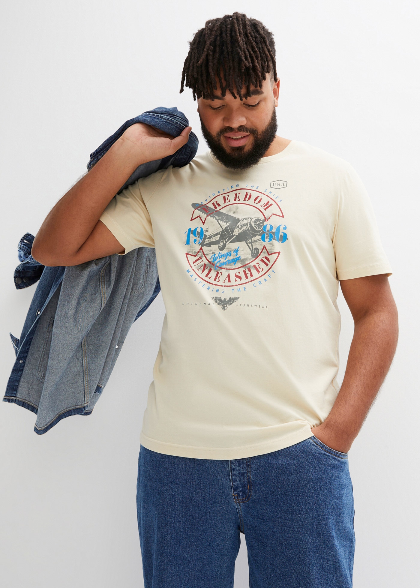 bonprix T-Shirt "T-Shirt aus reiner Baumwolle" Regular Fit, Kurzarm, mit Frontprint, Rundhalsausschnitt