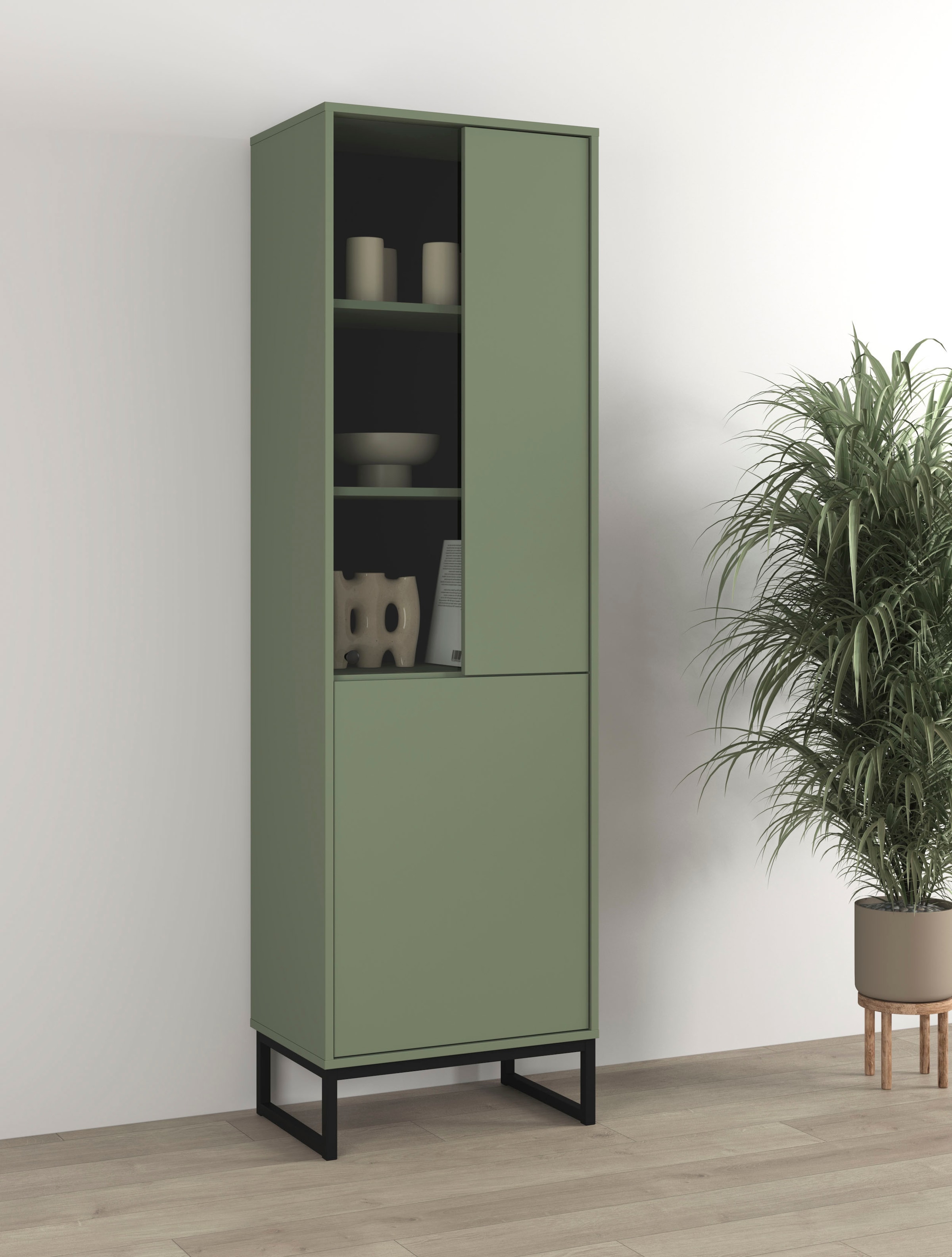 OTTO home Vitrine "Loft, Höhe 180 cm, moderne Standvitrine mit 2 Türen, Metallkufen" Hochschrank mit viel Stauraum, Glastür und verstellbaren Einlegeböden