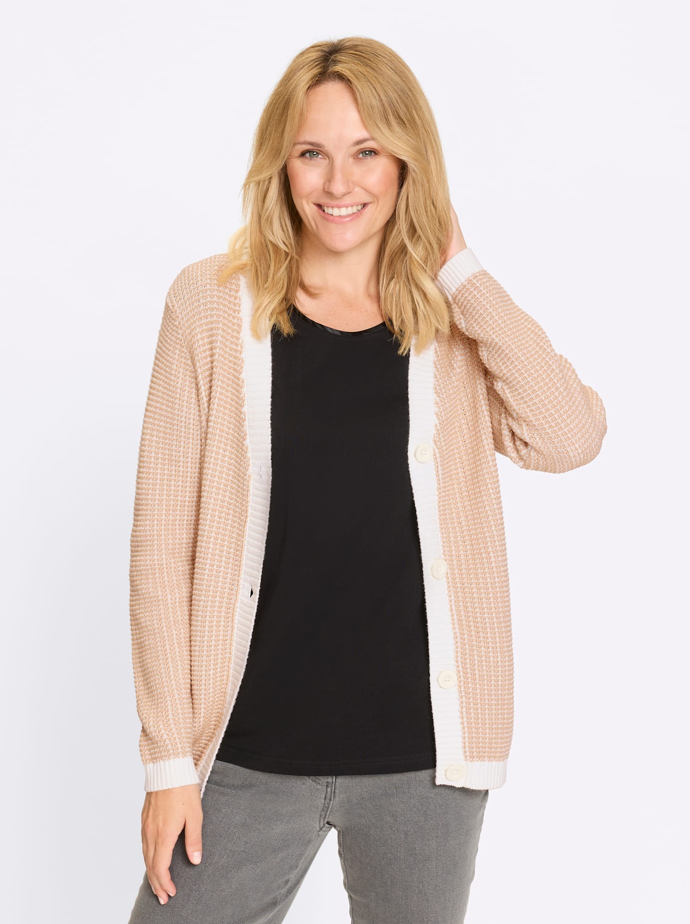 Strickjacke CLASSIC BASICS, Damen, Gr. 48, beige, ecru, gemustert, 100% Baumwolle, gemustert, mehrfarbig, Strickjacken Strickjacke