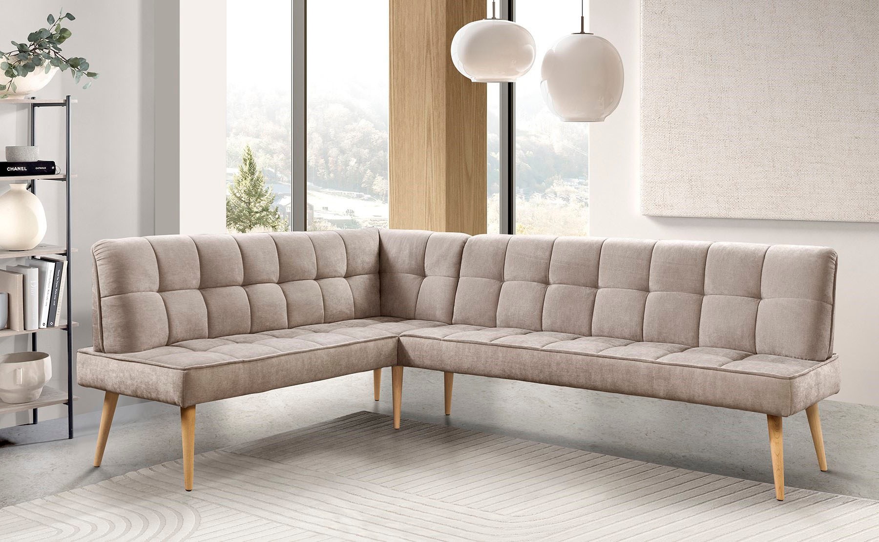 Eckbank EXXPO - SOFA FASHION "Latte", beige, B:254cm H:95cm T:196cm, 100% PES, Sitzbänke, Eckbank, moderne Sitz- und Rückensteppung, bequem und elegant, hoher Holzfuß